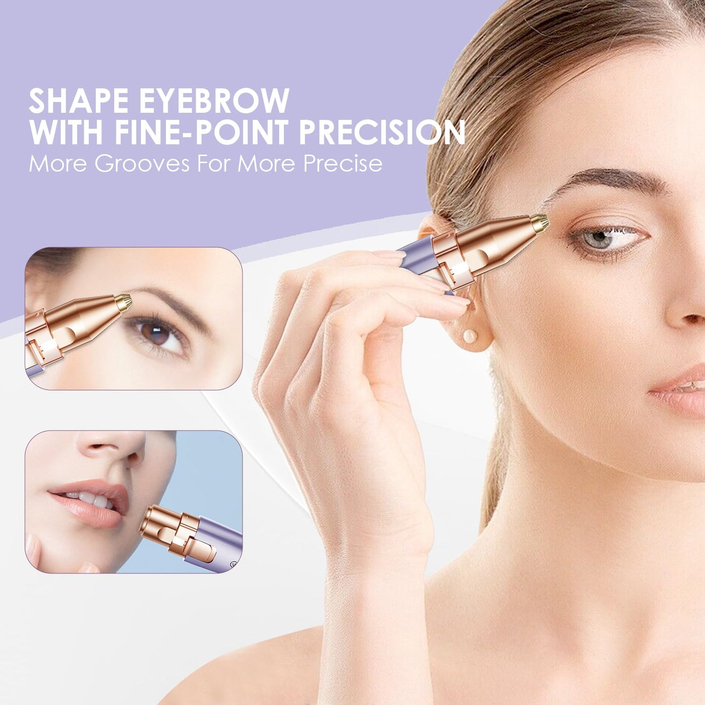 Eyebrow Facial Trimmer: 2 in1 Rechargeable Facial Hair Removal and Eyebrow Shaver - Face Lips Body Painless Facial Razor with Built-in LED Light (Rose Gold)