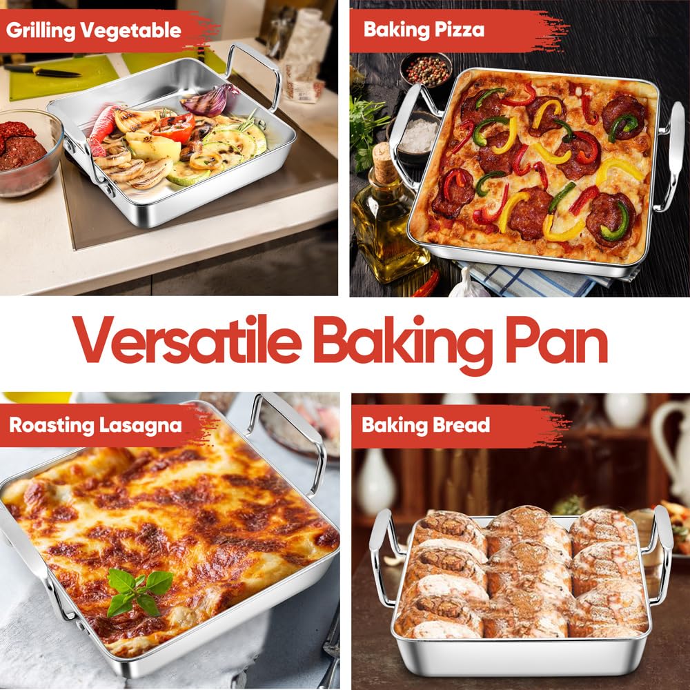 Herogo 15.3-Inch Stainless Steel Roasting Pan with Rack – 3-Piece Set Includes Deep Pan, V-Rack & Cooling