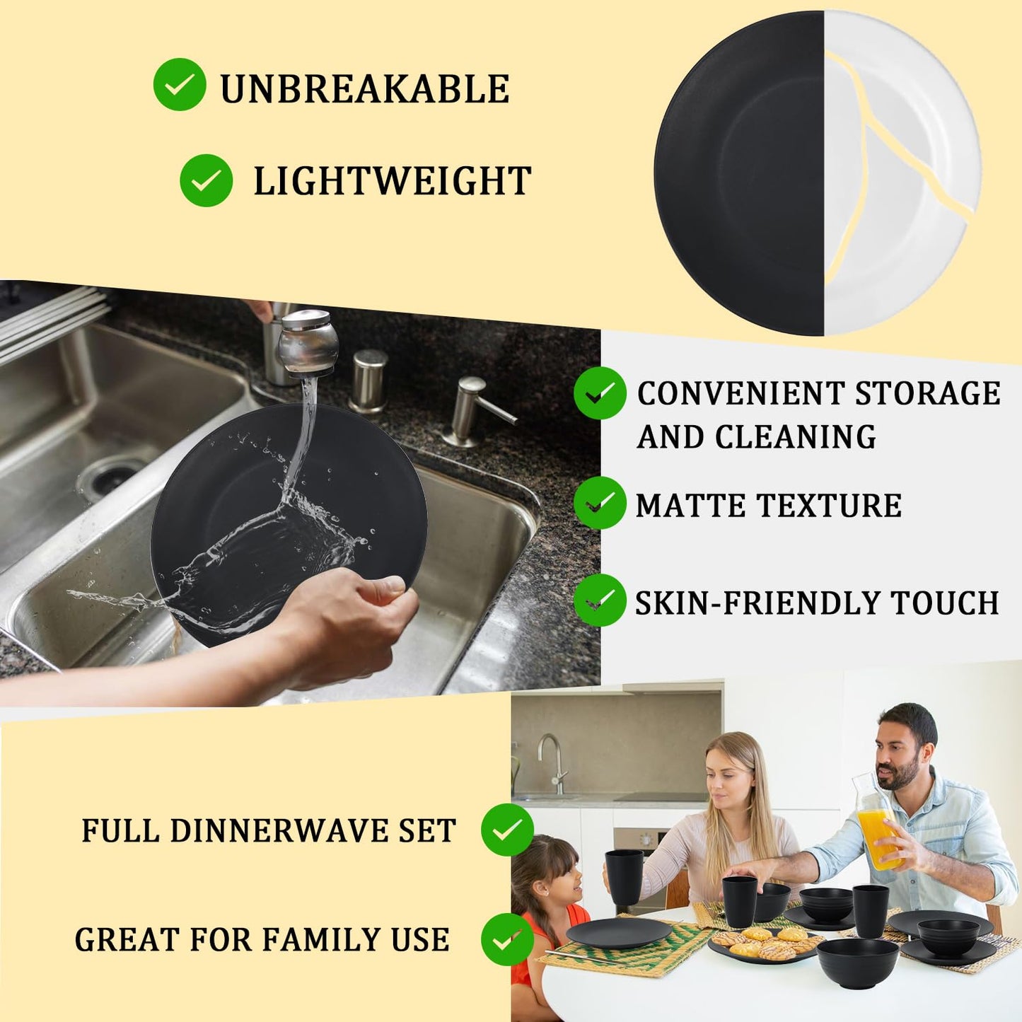 28 Piece Wheat Straw Dinnerware Sets,Dishwasher & Microwave Safe Plates and Bowls Sets - Unbreakable Plastic Dinnerware Sets for 4 Dinner Plates, Cups, Cereal Bowls - Colorful Series