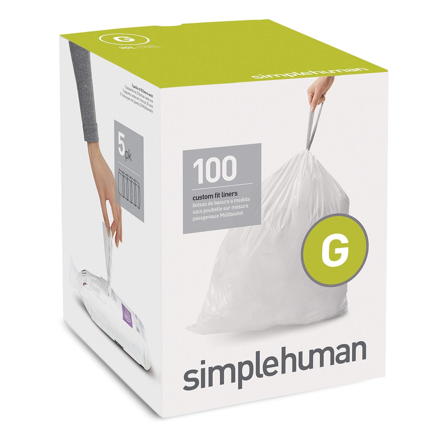 simplehuman Code H 60 Count, Genuine Custom Fit Liners, Drawstring Trash Bags in Dispenser Packs, 30-35 Liter / 8-9.2 Gallon, White