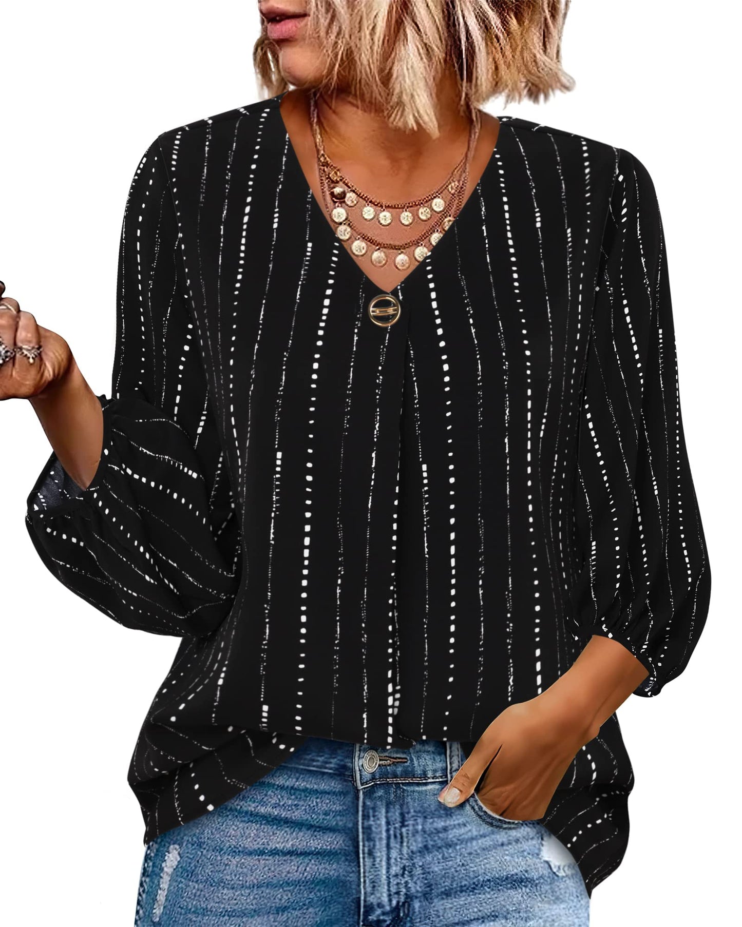 Bebonnie Damen Chiffonbluse mit Laternenmuster, 3/4-Ärmel, lässig, locker, V-Ausschnitt