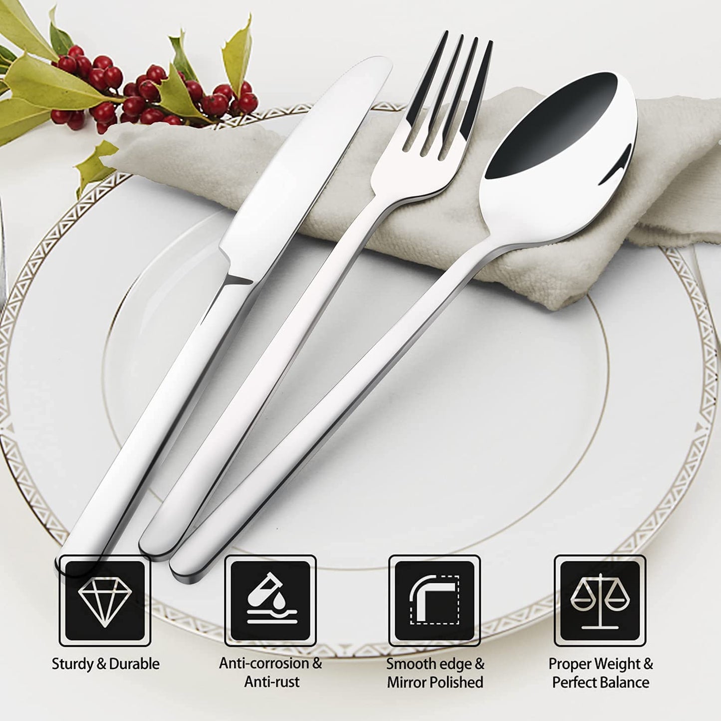 KINGSTONE Besteckset, 20-teiliges Besteckset für 4 Personen, Besteck aus Edelstahl 18/10, hochglanzpoliert, spülmaschinenfest, für Zuhause, Restaurant, Hochzeit, Party (Silber, 20-teilig für 4)
