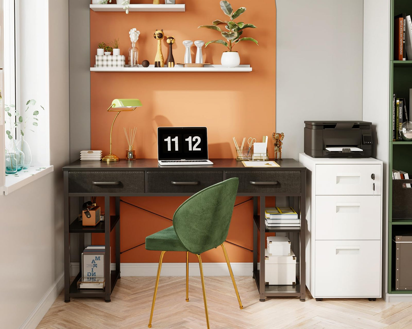 ODK Office Kleiner Computertisch: Heimtisch mit Stoffschubladen und Ablageflächen, moderner Schreibtisch, Schwarz, 48"x16"