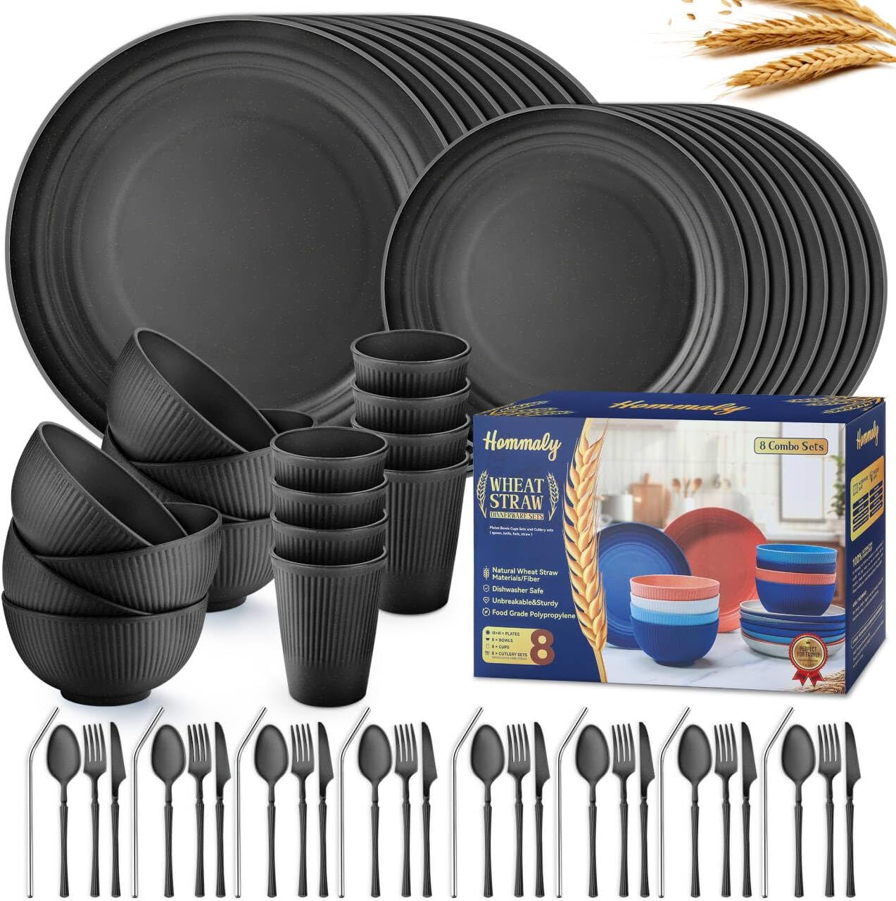 Wheat Straw Dinnerware Sets,48-Piece Plates and Bowls Sets for 6-Unbreakable,Reusable Plastic Dish Set-Dinner Plate/Dessert Plate/Cereal Bowl/Cup/Utensils-Microwavable Dishwasher Safe 48P-Deep Gray