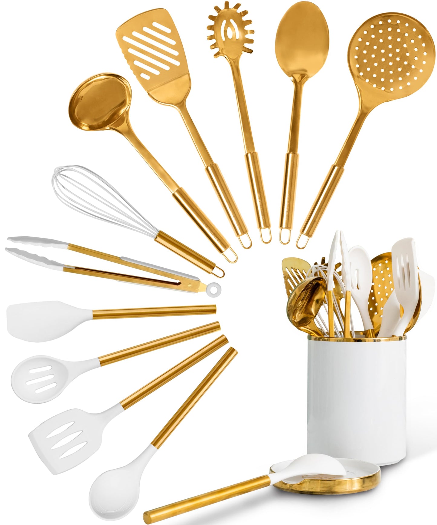 Ensemble d'ustensiles de cuisine en bois – Ensemble de 8 pièces comprenant des ustensiles de cuisine en bois et en or, un porte-ustensiles blanc et un repose-cuillère en bois – Ustensiles de cuisine durables et élégants pour cuisiner et servir