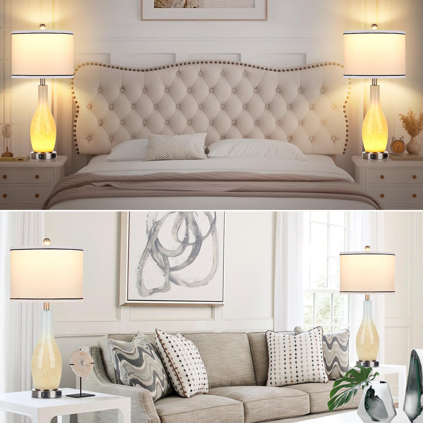 27-Zoll-Tischlampen aus Glas, 2er-Set mit Nachtlicht, moderne Nachttischlampen mit 3-Wege-Touch-Steuerung, USB-A+C-Anschlüssen und AC-Steckdose, gelbe Nachttischlampen im Boho-Stil für das Wohnzimmer im Schlafzimmer
