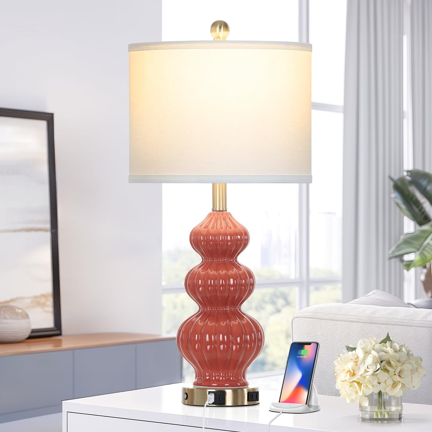 27-Zoll-Tischlampen aus Glas, 2er-Set mit Nachtlicht, moderne Nachttischlampen mit 3-Wege-Touch-Steuerung, USB-A+C-Anschlüssen und AC-Steckdose, gelbe Nachttischlampen im Boho-Stil für das Wohnzimmer im Schlafzimmer