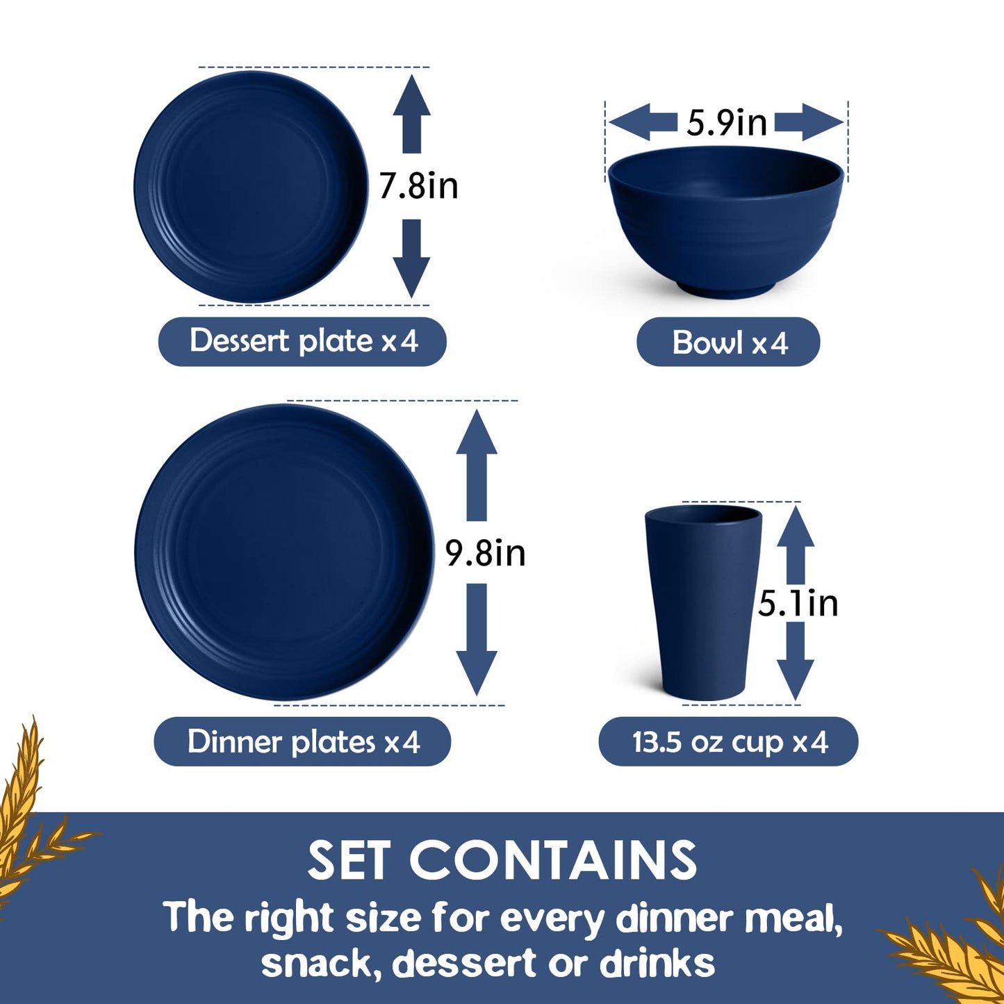 Teivio 16-Piece Kitchen Plastic Wheat Straw Dinnerware Set, Service for 4, Dinner Plates, Dessert Plate, Cereal Bowls, Cups, Unbreakable Plastic Outdoor Camping Dishes, Grey