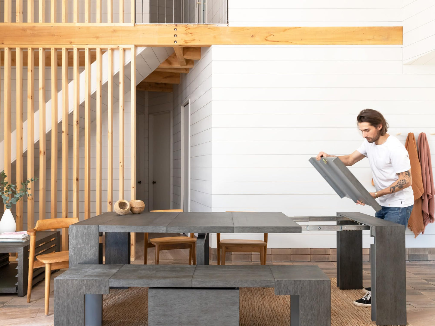Transformer Table Esstisch-Set für 4 bis 12, ausziehbarer Esstisch aus Holz mit ausziehbarer Bank, Möbel für kleine Räume, Küchentisch-Set (Dunkelgrau, Tisch + Bank)