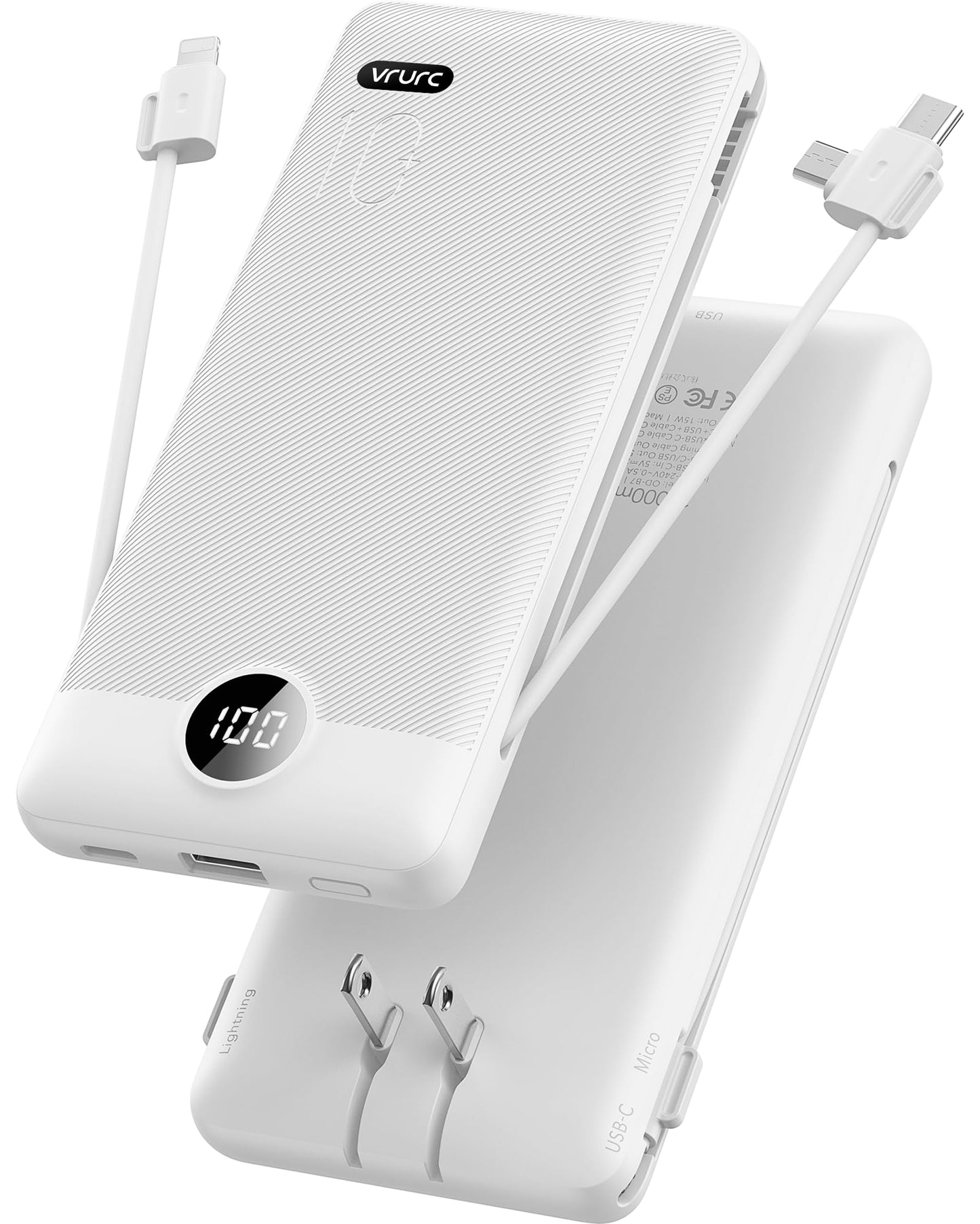 VRURC Portable Charger Built-in Cables and AC Wall Plug, USB C Power Bank 10000mAh, Travel Battery Phone Charger Compact Lightweight External Battery Pack for Smart Phones, Tablets etc-Orange