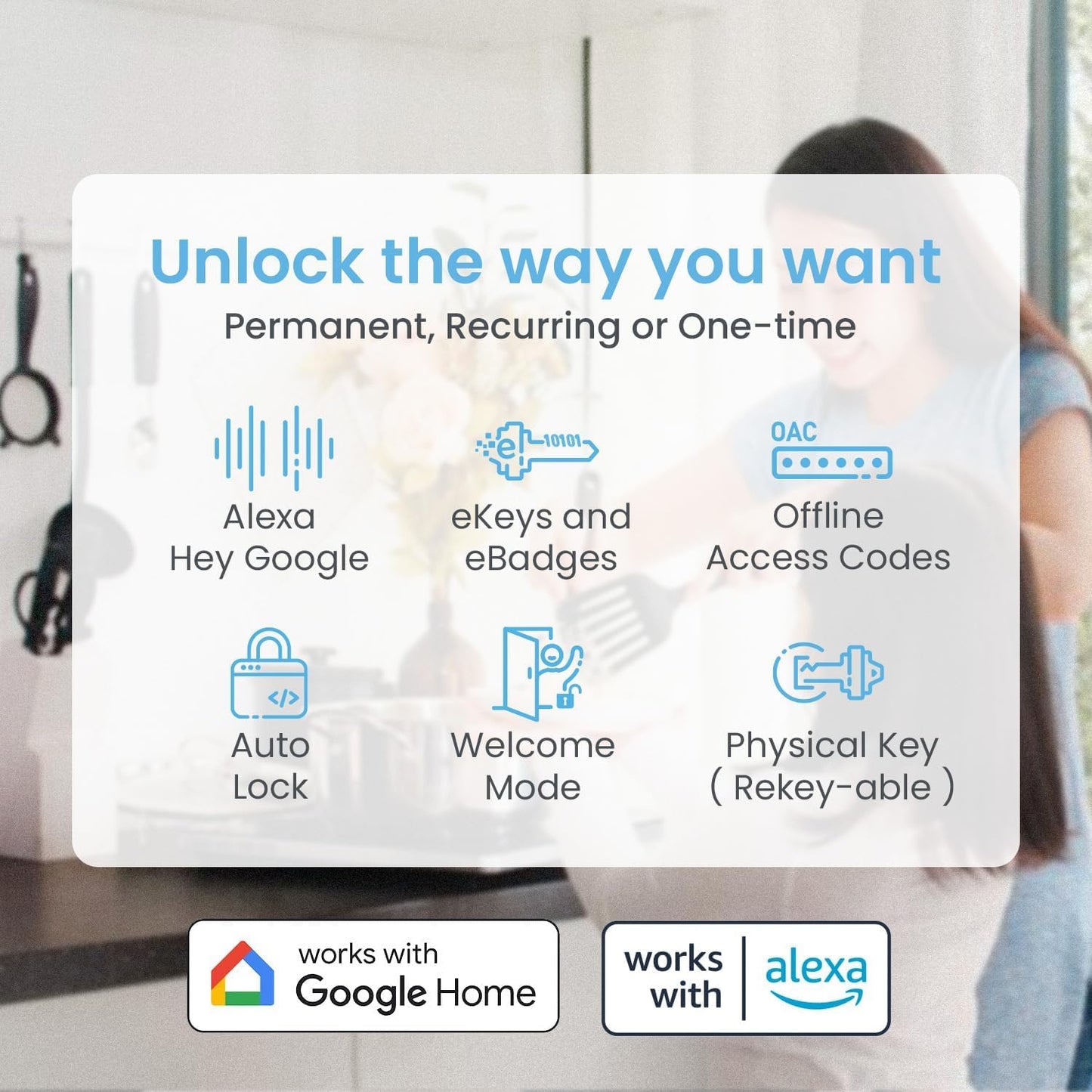 Lockly Vision Elite - Serrure intelligente vidéo WiFi avec caméra de vision nocturne, capteur de mouvement, empreinte digitale biométrique, commande vocale, télécommande par application, sonnette, panneau solaire, clavier numérique, nickel satiné