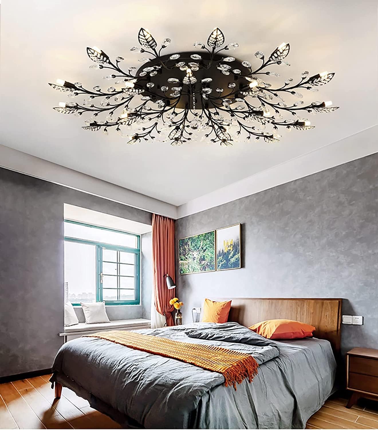 Moderne Deckenleuchte aus Kristall, halbbündiger Kronleuchter, Deckenleuchte aus Kristallblättern, Kronleuchter für Esszimmer, Wohnzimmer, Schlafzimmer (Gold, 12 Lichter)