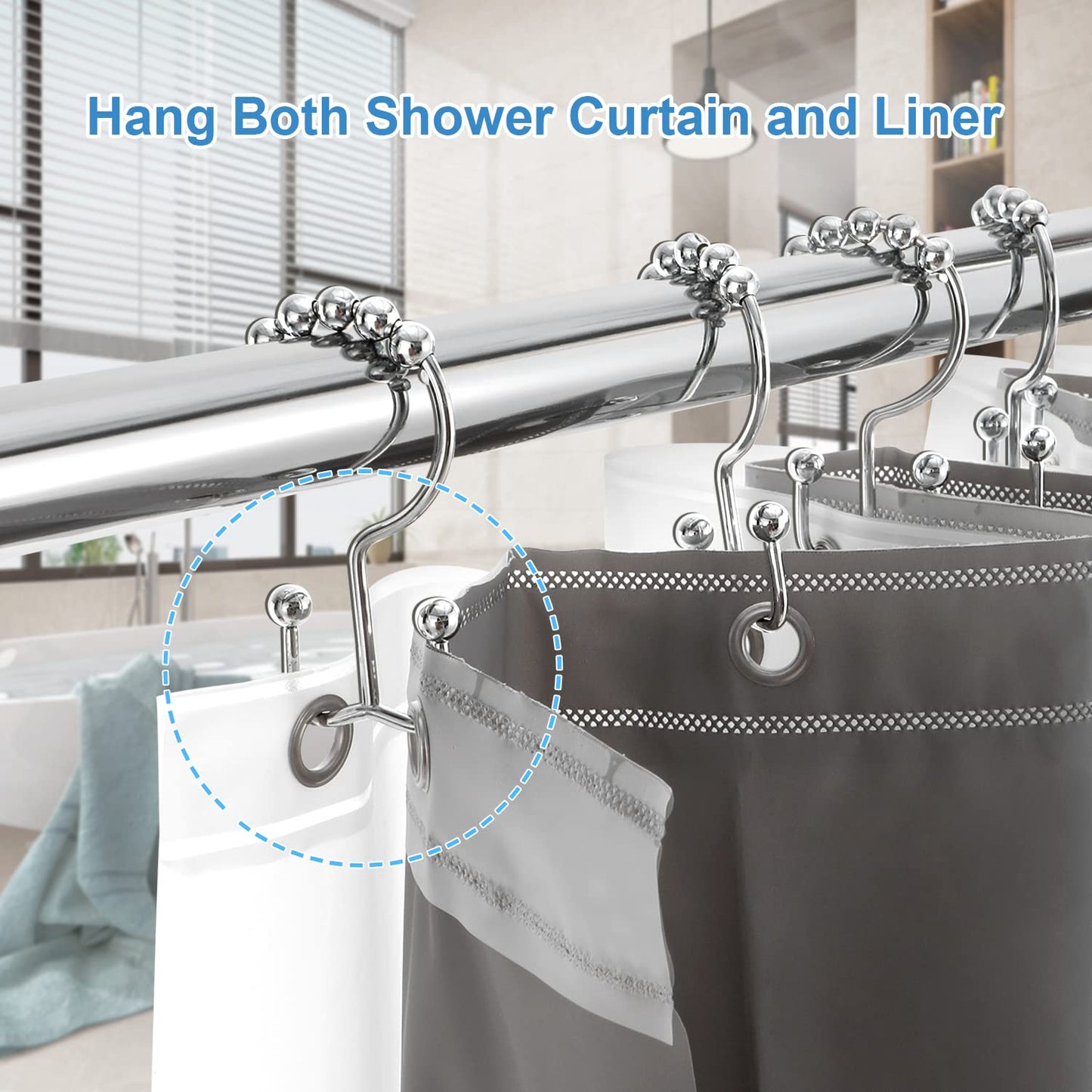 Shower Curtain Hooks Rings, TENOVEL Double Sided Shower Hooks Rust Proof for Bathroom Shower Rods Curtain, Durable Stainless Steel Bathroom Shower Curtain Hangers, Bronze, Set of 12