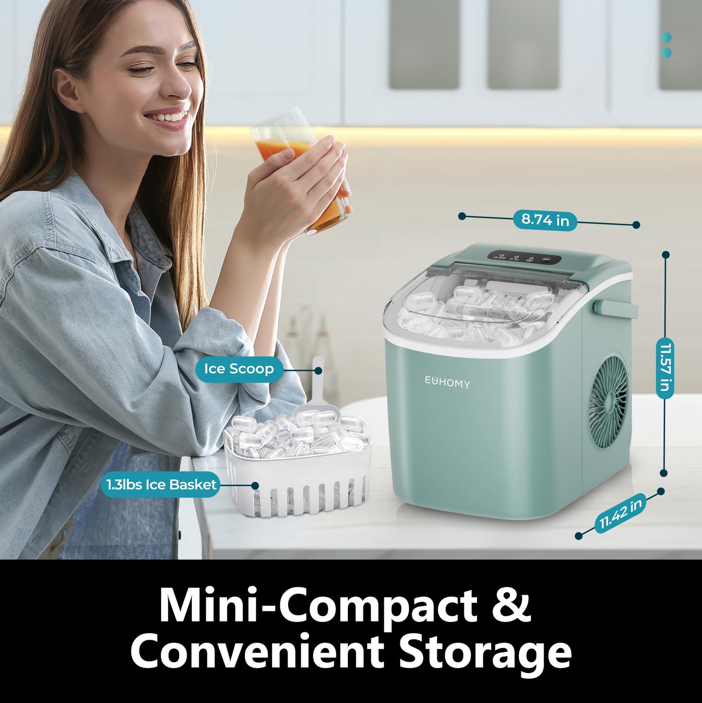 EUHOMY Countertop Ice Maker Machine with Handle, 26lbs in 24Hrs, 9 Ice Cubes Ready in 6 Mins, Auto-Cleaning Portable Ice Maker with Basket and Scoop, for Home/Kitchen/Camping/RV. (Black)