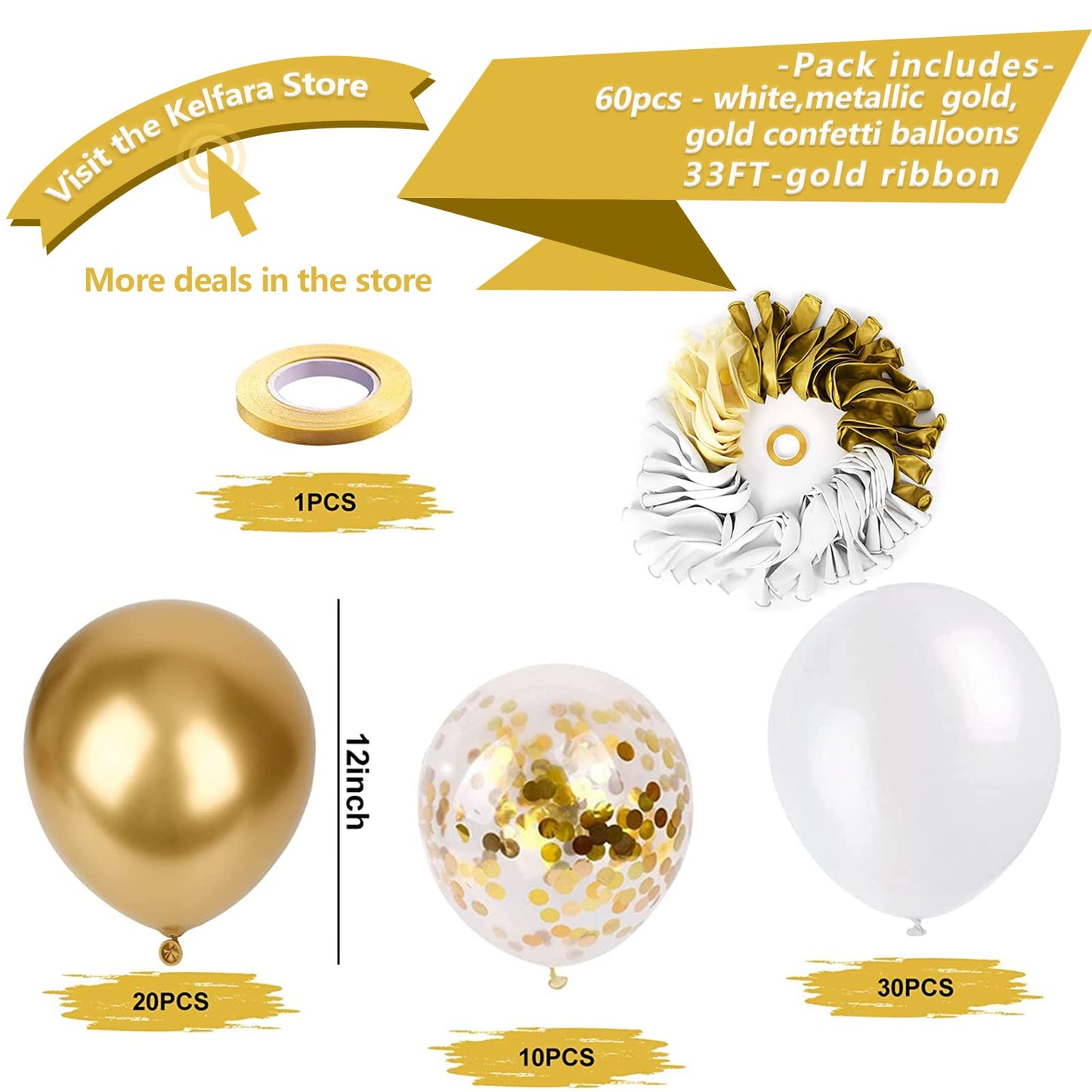 White and Gold Balloons 12 inch, 60pcs Gold and White Party Balloons with Gold Confetti Balloons for Wedding Baby Shower Birthday Bridal Shower Baptism Party Decoration