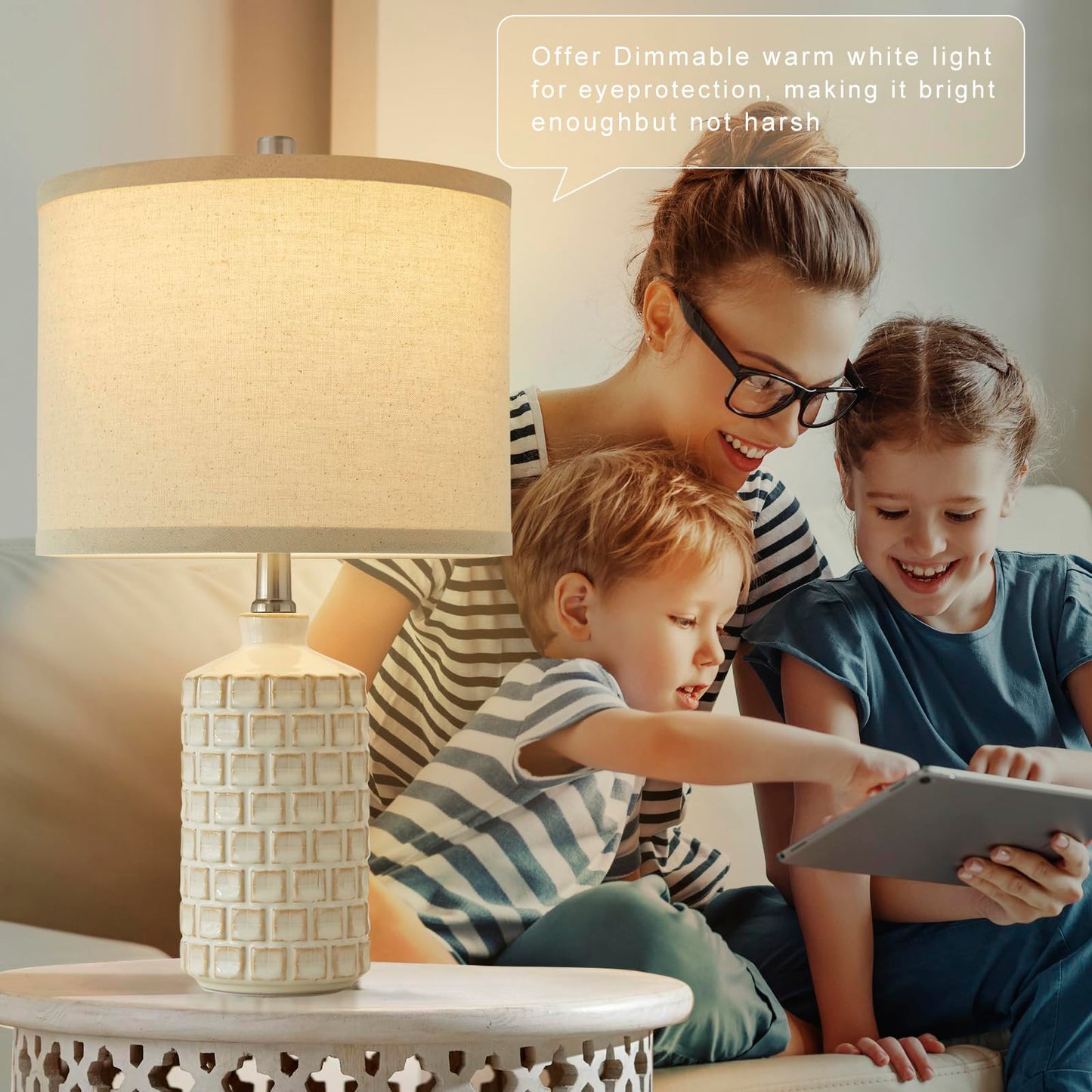 Luvkczc Moderne Keramiklampen für Schlafzimmer, 2er-Set, 3-Farbtemperatur-Tischlampe, Nachttischlampe, Schreibtisch-Leselampe mit Stoffschirm in Trommelform für Schlafzimmer, Wohnzimmer, 2 Glühbirnen enthalten (21,4 Zoll)