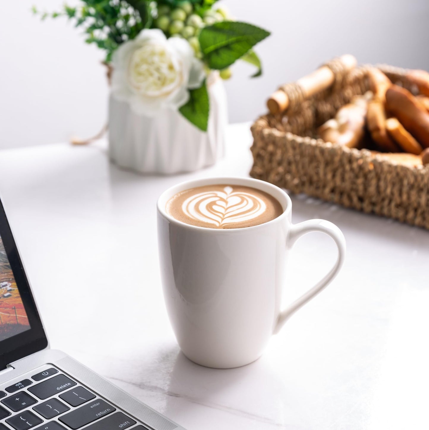 Lot de 6 tasses à café AmorArc 12 oz blanc cassé, tasses à café en céramique avec grande poignée pour homme, femme, ensemble de tasses à café légères pour latte/cappuccino/cacao/lait, lavables au lave-vaisselle et au micro-ondes, 6 pièces