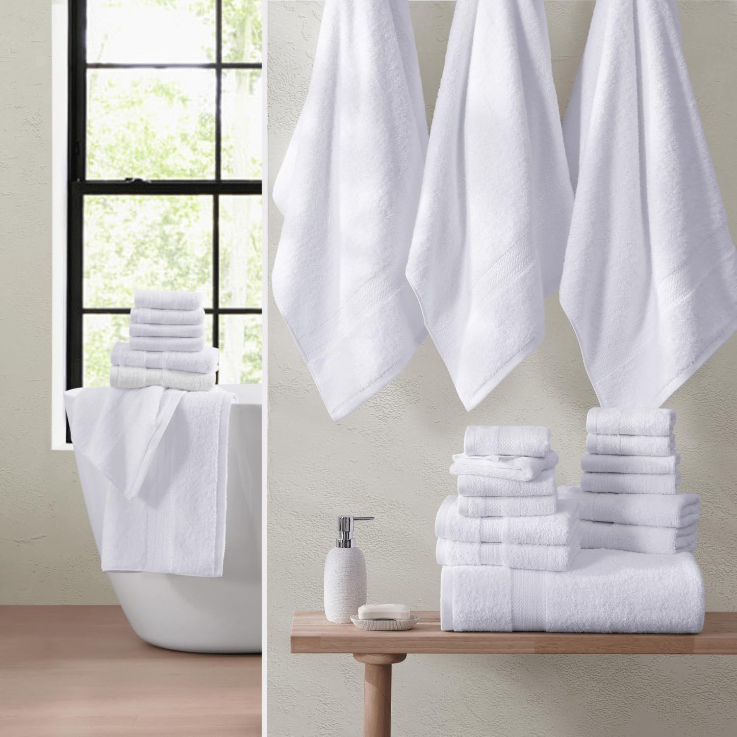 LANE LINEN 24-teiliges Badezimmerhandtuch-Set – 100 % Baumwolle, Badetuch-Sets, 4 Badetücher extragroß, 2 Badelaken, 6 Handtücher fürs Badezimmer, 8 Waschlappen, 4 Fingerkuppen-Handtücher – weiße Handtücher