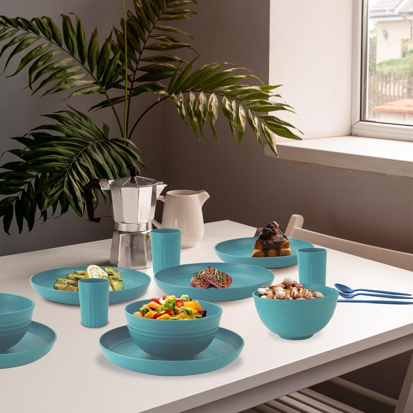 28 Piece Wheat Straw Dinnerware Sets,Dishwasher & Microwave Safe Plates and Bowls Sets - Unbreakable Plastic Dinnerware Sets for 4 Dinner Plates, Cups, Cereal Bowls - Colorful Series