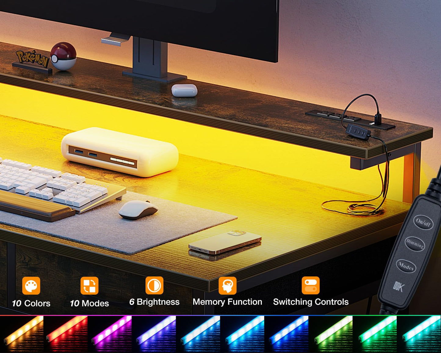 ODK 54-Zoll-Computertisch mit 3 Schubladen und USB-Steckdosen, Home-Office-Schreibtische mit LED-Leuchten und verstellbarem Monitorständer, Arbeiten von zu Hause, moderner Arbeits-/Schreib-/Studiertisch für Schlafzimmer, Schwarz