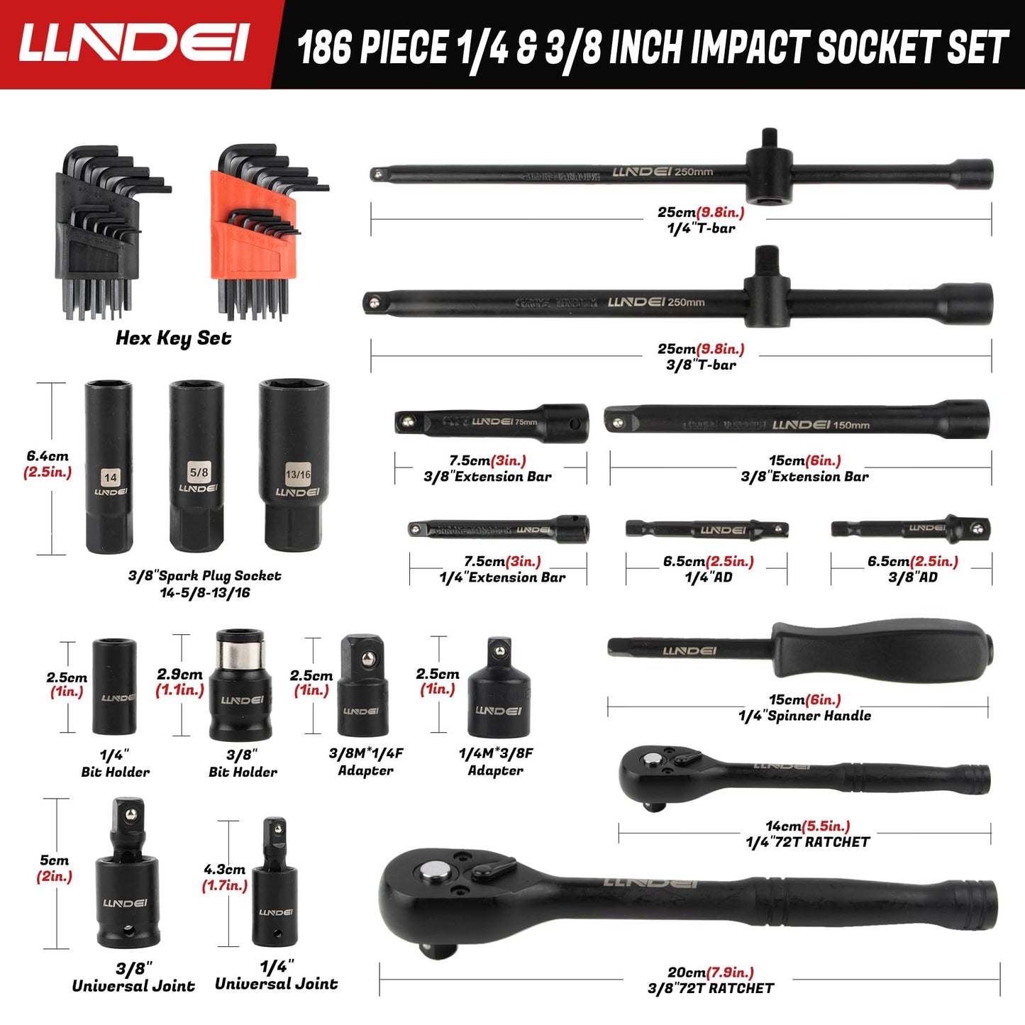 Jeu de douilles à chocs LLNDEI 1/4 et 3/8 pouces, 186 douilles complètes métriques et standard, jeu d'outils de douilles profondes et peu profondes CR-V avec poignée de clé à cliquet, douille de bougie d'allumage, jeu d'embouts pour mécanicien