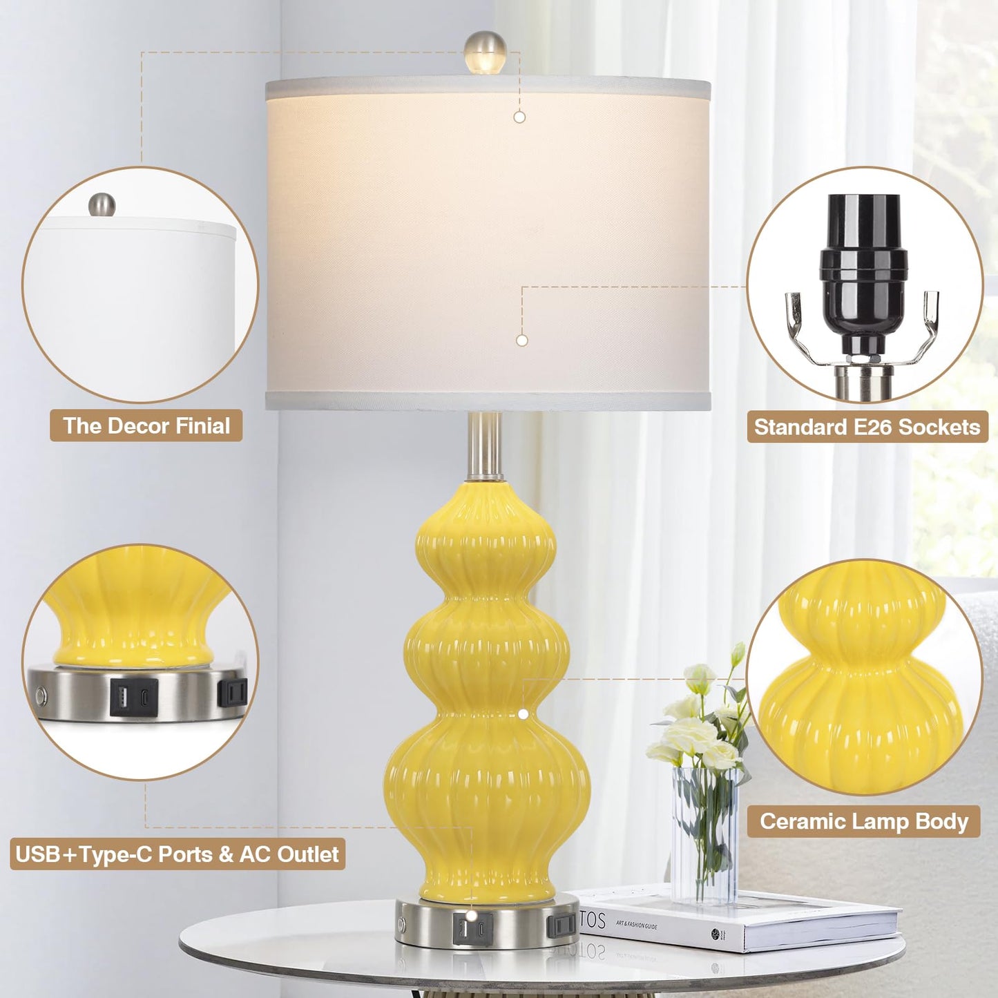 27-Zoll-Tischlampen aus Glas, 2er-Set mit Nachtlicht, moderne Nachttischlampen mit 3-Wege-Touch-Steuerung, USB-A+C-Anschlüssen und AC-Steckdose, gelbe Nachttischlampen im Boho-Stil für das Wohnzimmer im Schlafzimmer