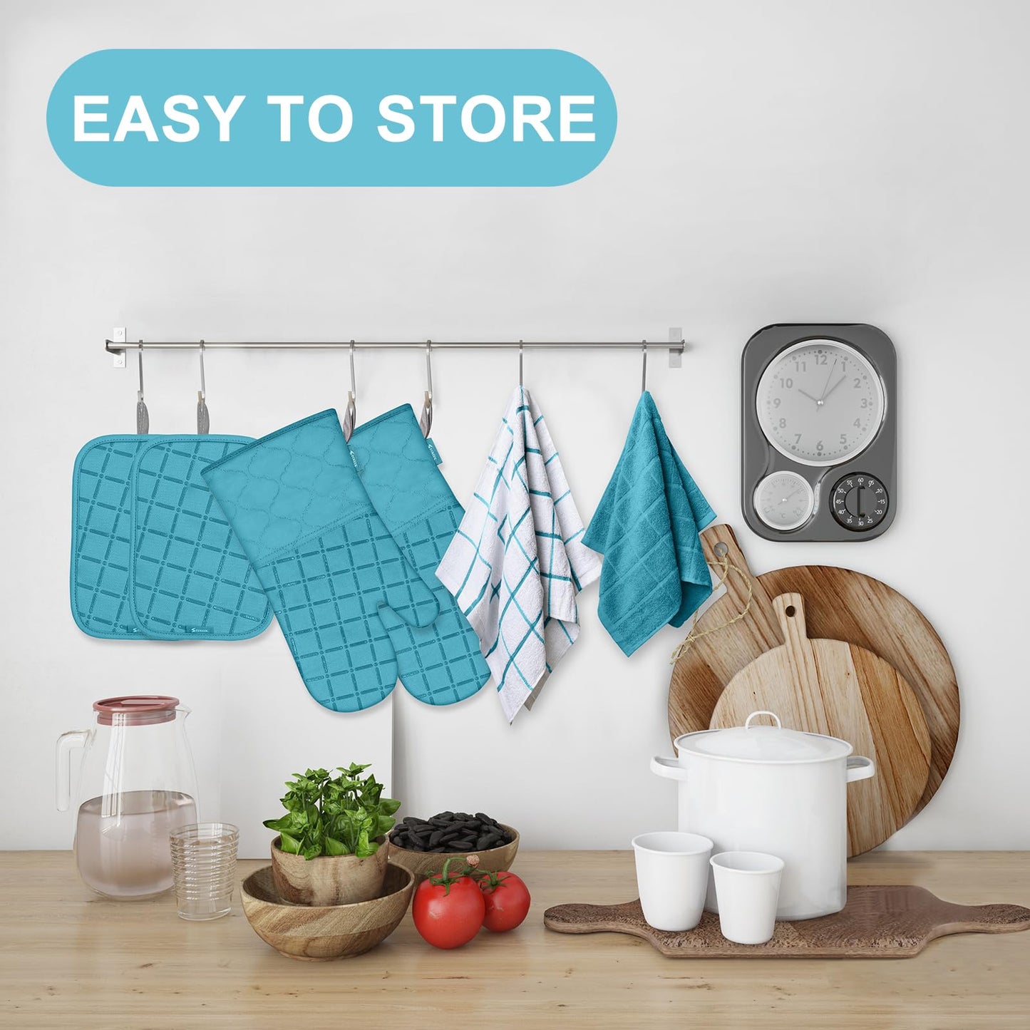 Oven Mitts Kitchen Towels and Dishcloths Pot Holders Sets, Oven Gloves Kitchen Dish Towels 500 Degree Heat Resistant Potholders with Non-Slip Silicone Surface for Cooking, Grilling, Baking-Black