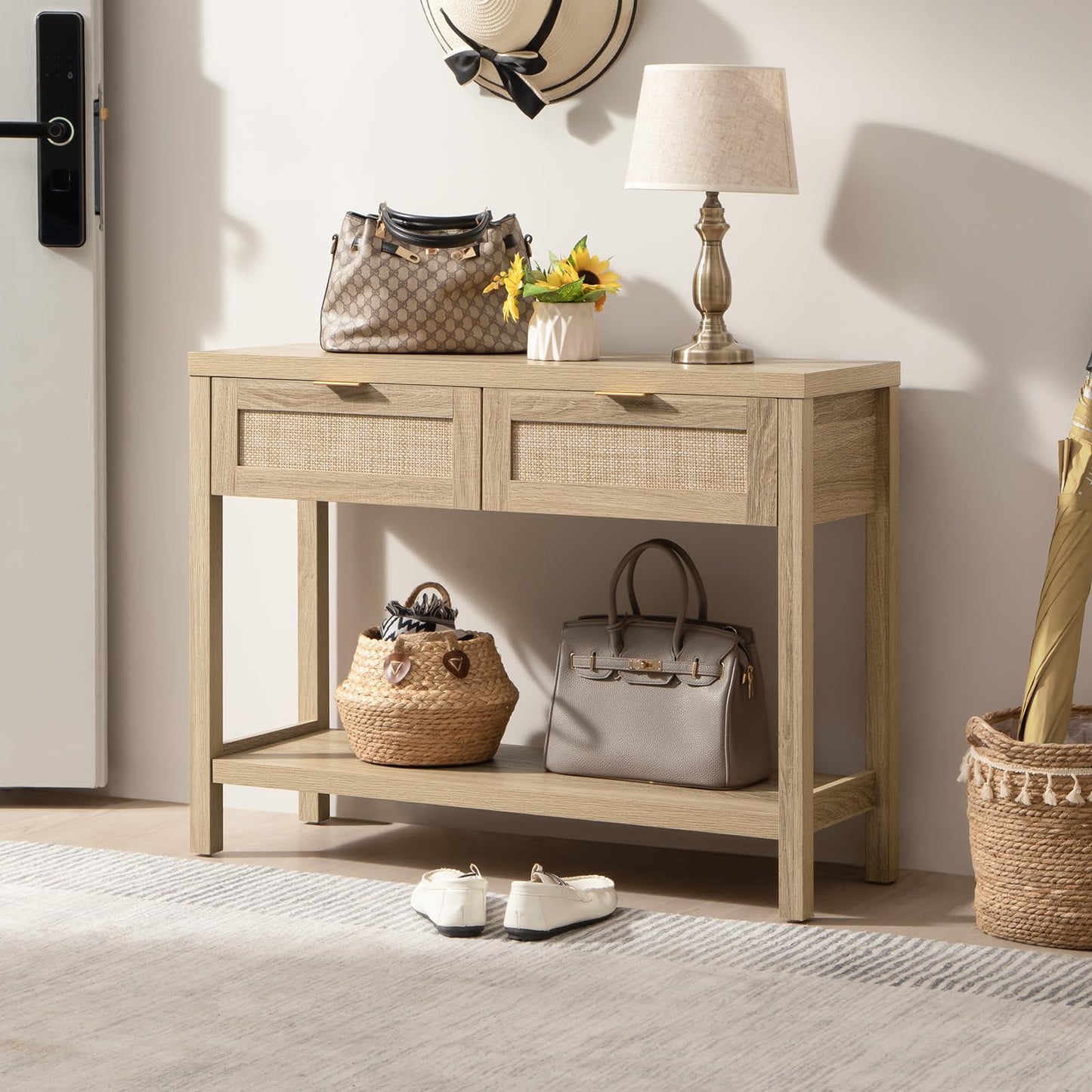 SICOTAS Console Table Set of 2 - Boho Entryway Table with Storage and Rattan Drawers, 2 Tier Shelf, Narrow Long Sofa Tables for Living Room, Natural Wood Entry Table for Hallway, Foyer, Light Oak