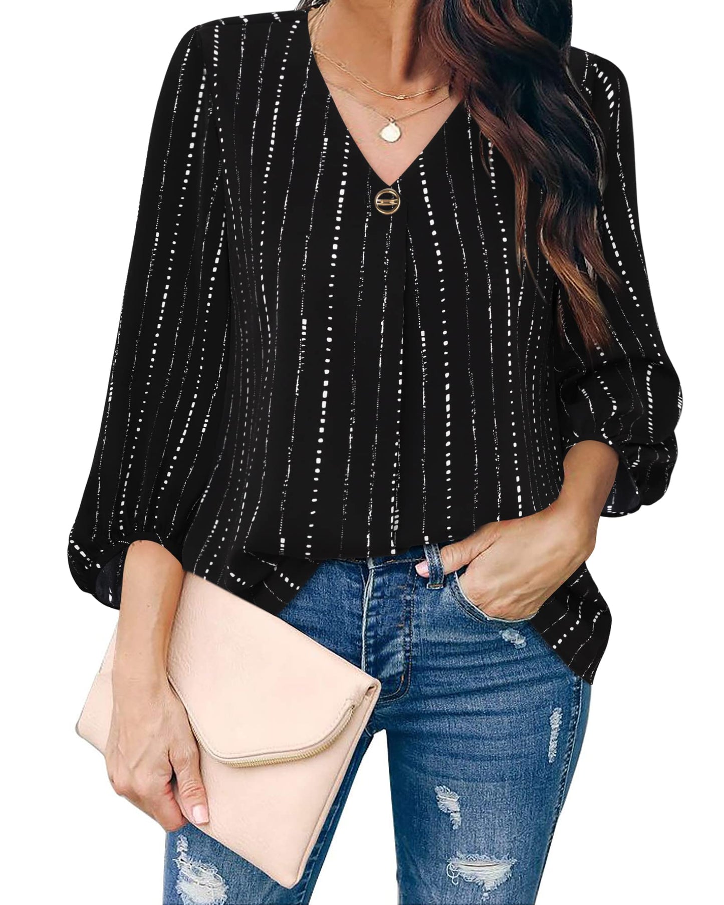 Bebonnie Damen Chiffonbluse mit Laternenmuster, 3/4-Ärmel, lässig, locker, V-Ausschnitt