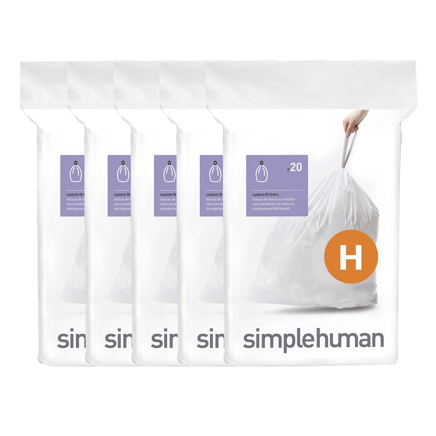 simplehuman Code H 60 Count, Genuine Custom Fit Liners, Drawstring Trash Bags in Dispenser Packs, 30-35 Liter / 8-9.2 Gallon, White