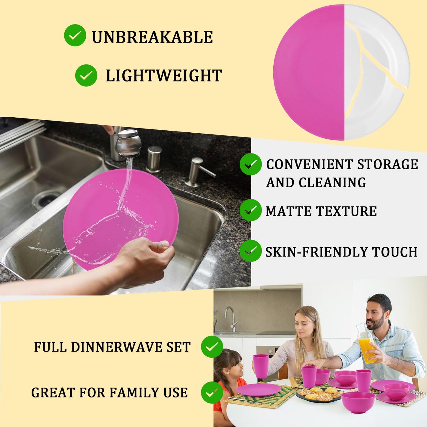 28 Piece Wheat Straw Dinnerware Sets,Dishwasher & Microwave Safe Plates and Bowls Sets - Unbreakable Plastic Dinnerware Sets for 4 Dinner Plates, Cups, Cereal Bowls - Colorful Series