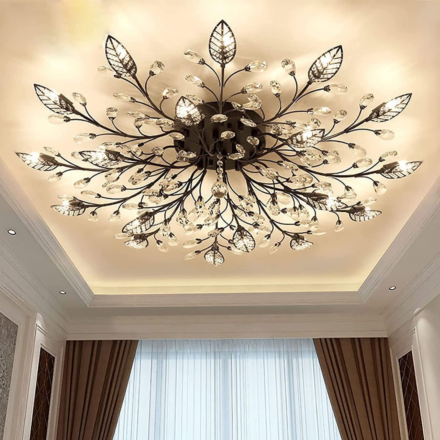 Moderne Deckenleuchte aus Kristall, halbbündiger Kronleuchter, Deckenleuchte aus Kristallblättern, Kronleuchter für Esszimmer, Wohnzimmer, Schlafzimmer (Gold, 12 Lichter)