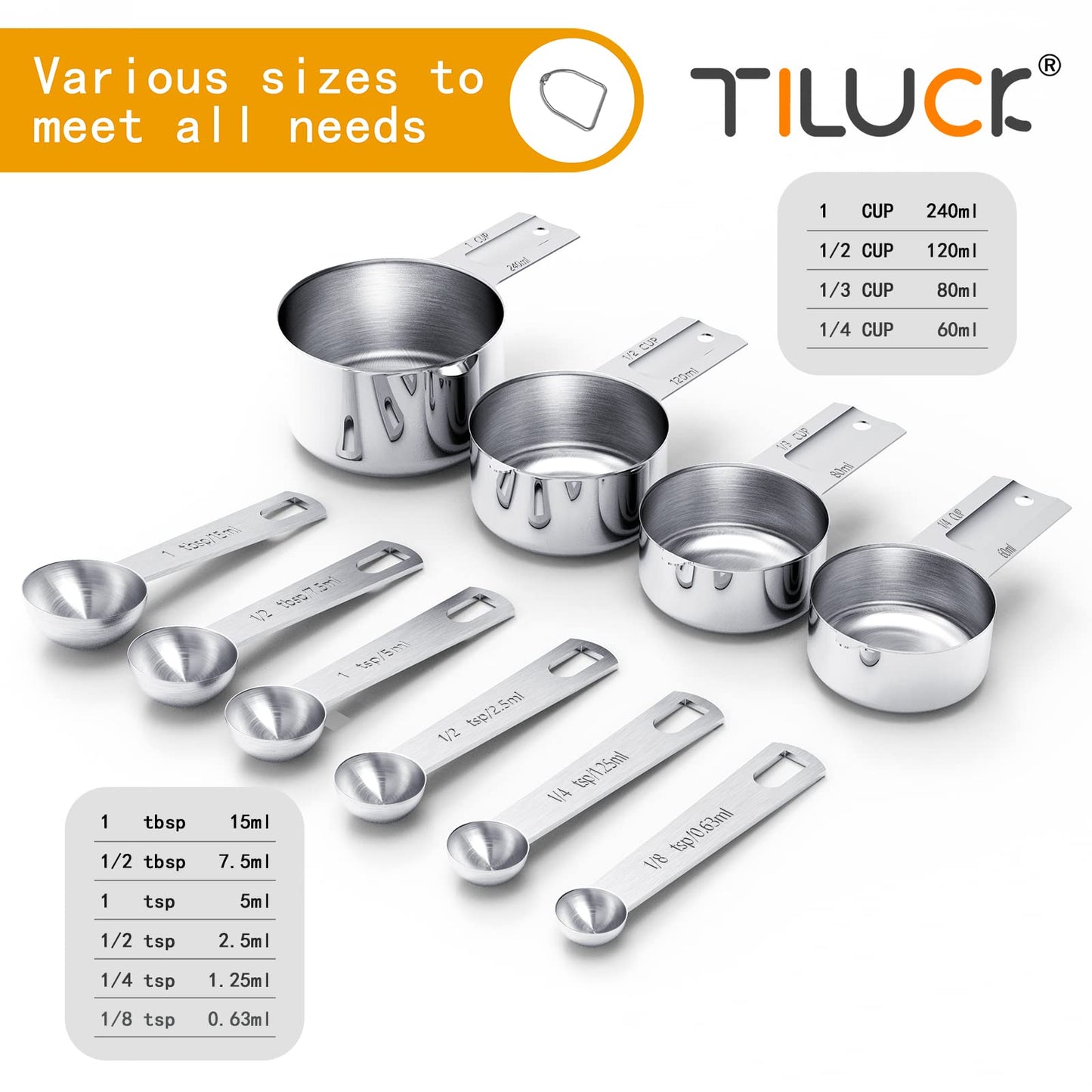 TILUCK Stainless Steel Measuring Cups & Spoons Set