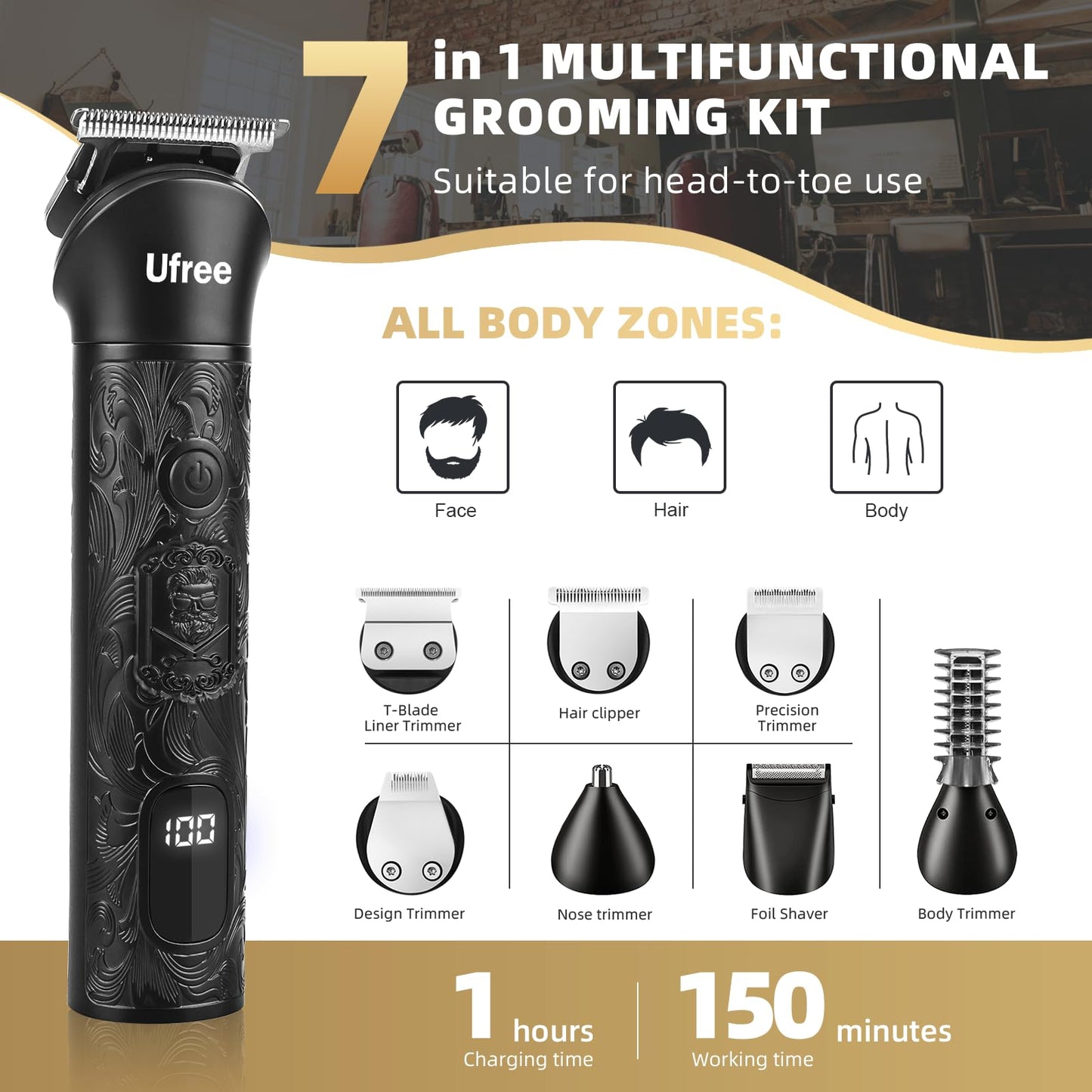 Ufree Beard Trimmer for Men, Electric Razor Shavers, Cordless Hair Clippers, Shaving Kit for Mustache, Body, Nose, Ear and Face, 7 in 1 Beard Grooming Kit, Gifts for Men