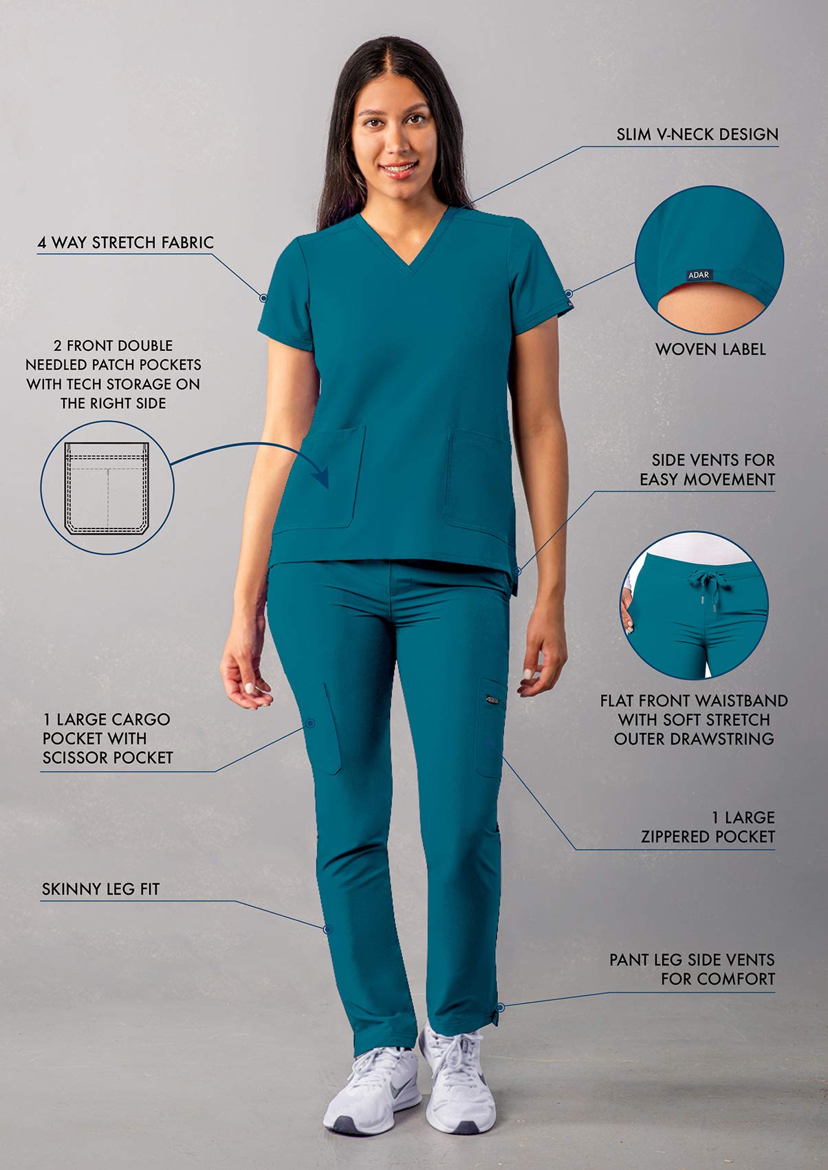 Ensemble de gommage Adar Addition Go-Basic pour femme - Haut de gommage slim à col en V et pantalon de gommage cargo skinny