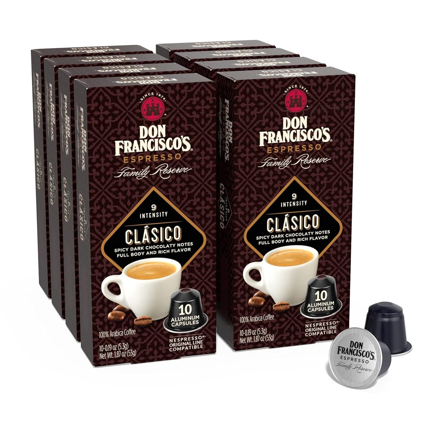 Don Francisco's and Cafe La Llave Espresso Capsule Variety Pack - 50 Recyclable Aluminum Pods Compatible with Nespresso Originalline - Premium Coffee with 4 Flavors and Intensities