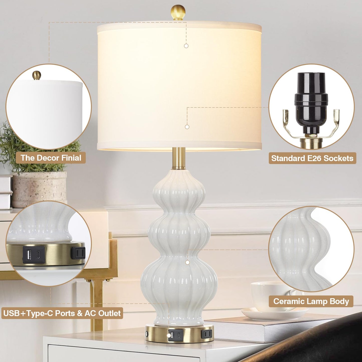 27-Zoll-Tischlampen aus Glas, 2er-Set mit Nachtlicht, moderne Nachttischlampen mit 3-Wege-Touch-Steuerung, USB-A+C-Anschlüssen und AC-Steckdose, gelbe Nachttischlampen im Boho-Stil für das Wohnzimmer im Schlafzimmer