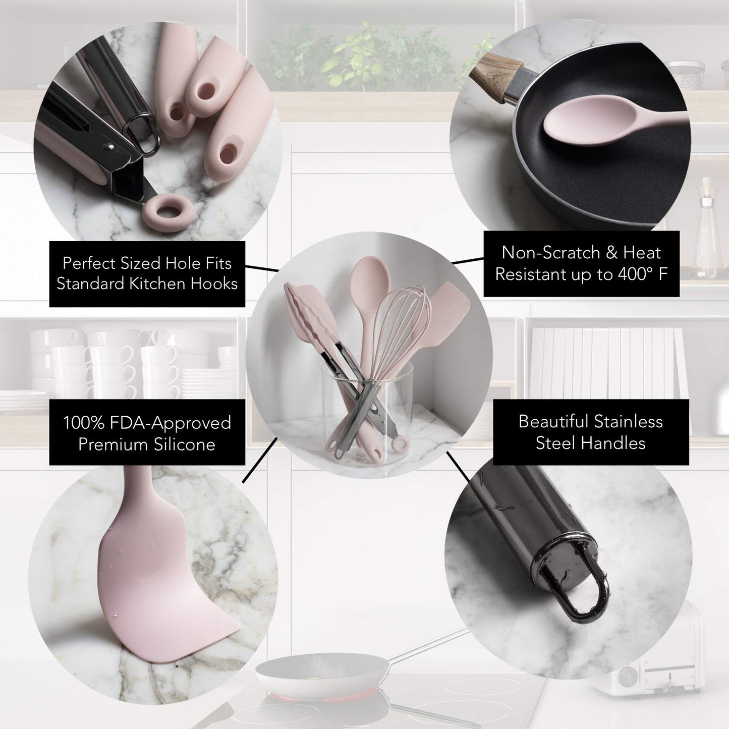 Country Kitchen Silicone Cooking Utensils - Easy to Clean Kitchen Tools, Spatula Set for Nonstick Cookware, Mini, White