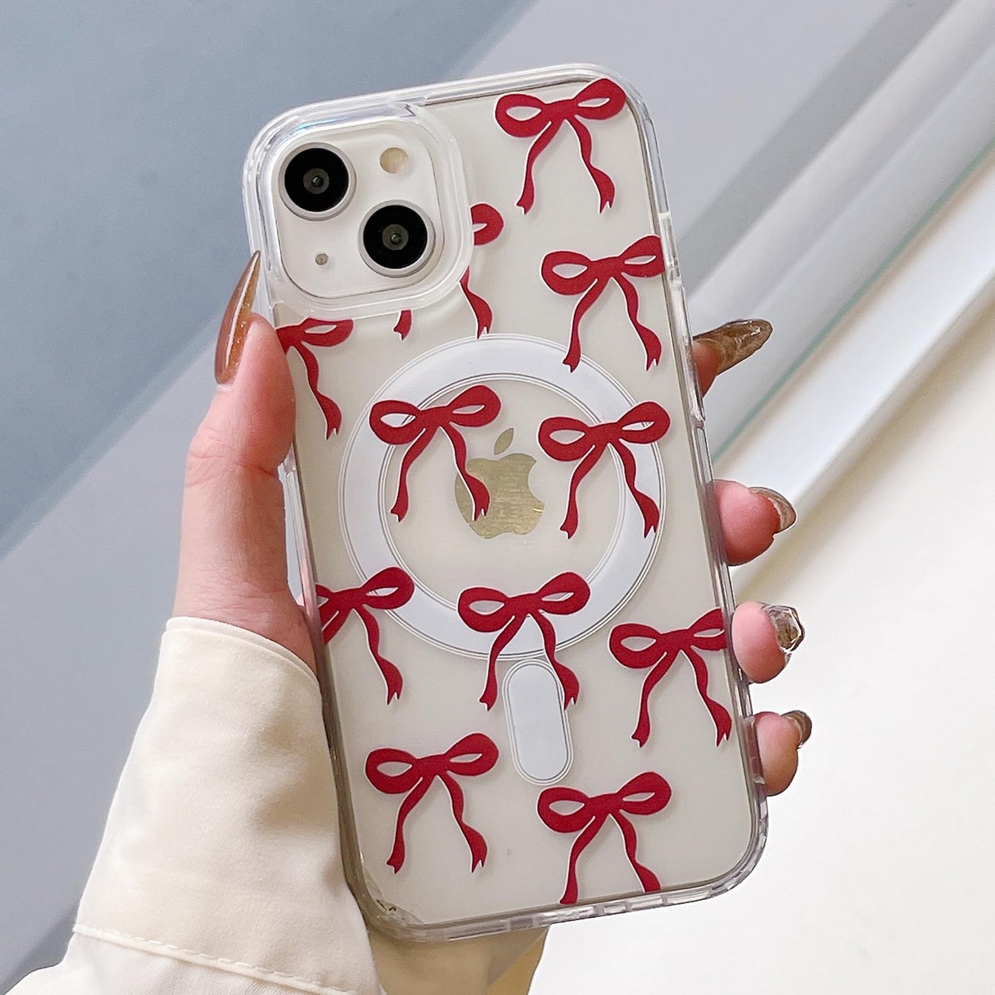 UEEBAI Magnetic for iPhone 15 Pro Case, Burgundy Bow Case Compatible with MagSafe, Wireless Slim Clear Ribbon Aesthetic Phone Case Anti-Yellowing Shockproof Protective Cover for Women Girl - Burgundy