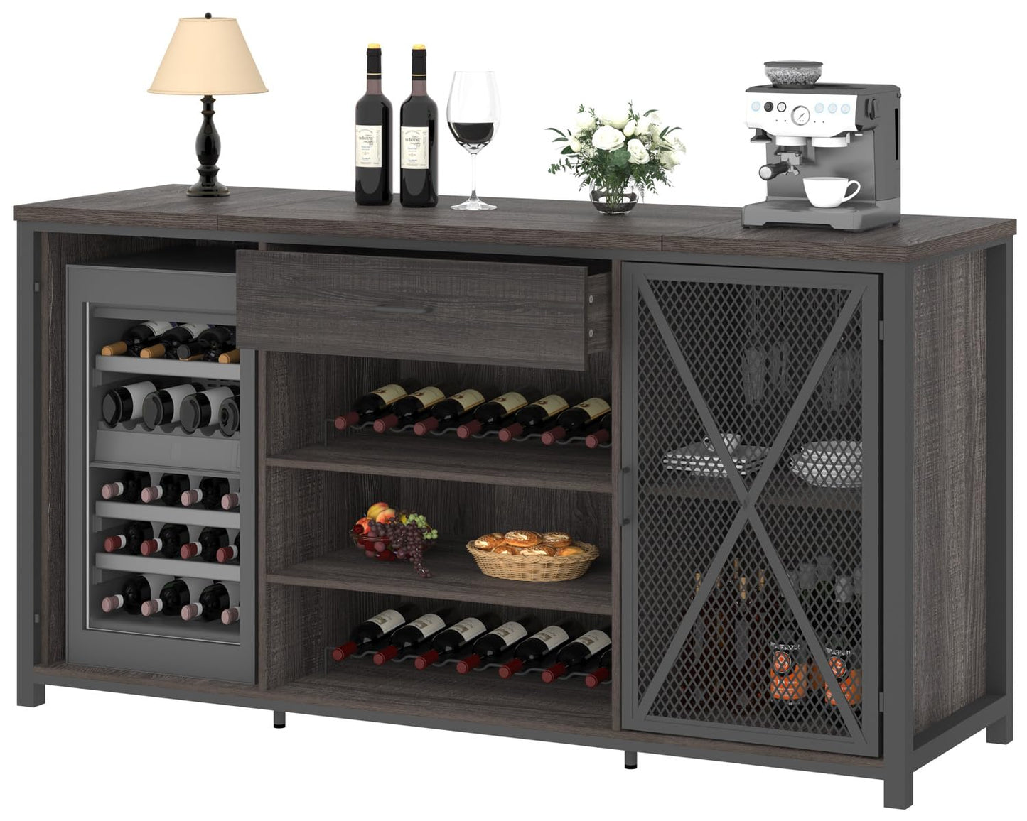 LVB Langer Barschrank mit Platz für den Kühlschrank, großer Spirituosenschrank im Landhausstil mit Schubladen, großer Weinschrank aus rustikalem Holz und Metall mit Regal, modernes Sideboard-Buffet für Küche und Esszimmer, grau, 70 Zoll