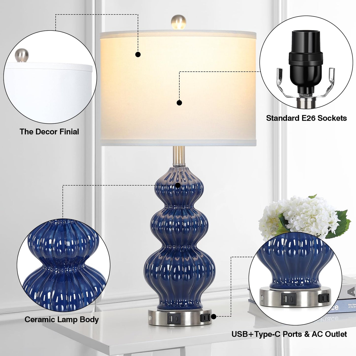 27-Zoll-Tischlampen aus Glas, 2er-Set mit Nachtlicht, moderne Nachttischlampen mit 3-Wege-Touch-Steuerung, USB-A+C-Anschlüssen und AC-Steckdose, gelbe Nachttischlampen im Boho-Stil für das Wohnzimmer im Schlafzimmer