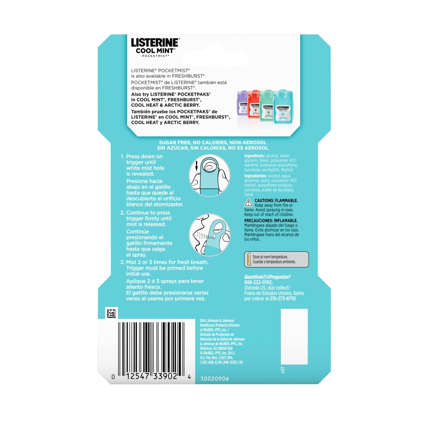 Listerine Freshburst Pocketmist Fresh Breath Oral Care Mist, Non-Aerosol Sugar-Free Minty Breath Refresher Spray to Kill 99% of Bad Breath Germs, Portable, Spearmint Flavor, 7.7 mL, 6 Sprays
