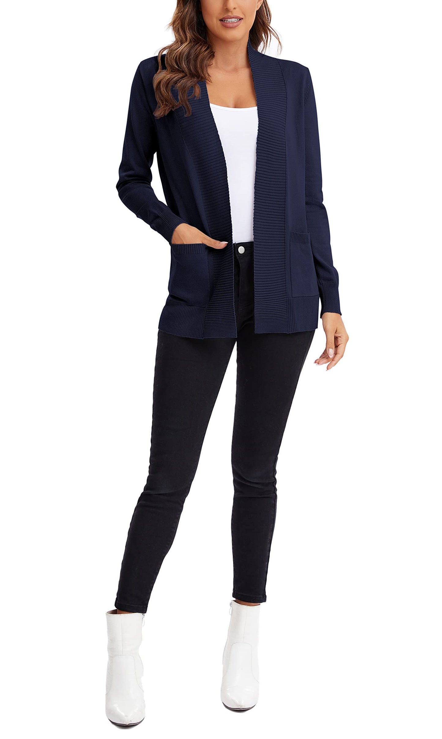 Urban CoCo Leichter Strickjacke für Damen mit offener Vorderseite, lange Ärmel, mit Tasche