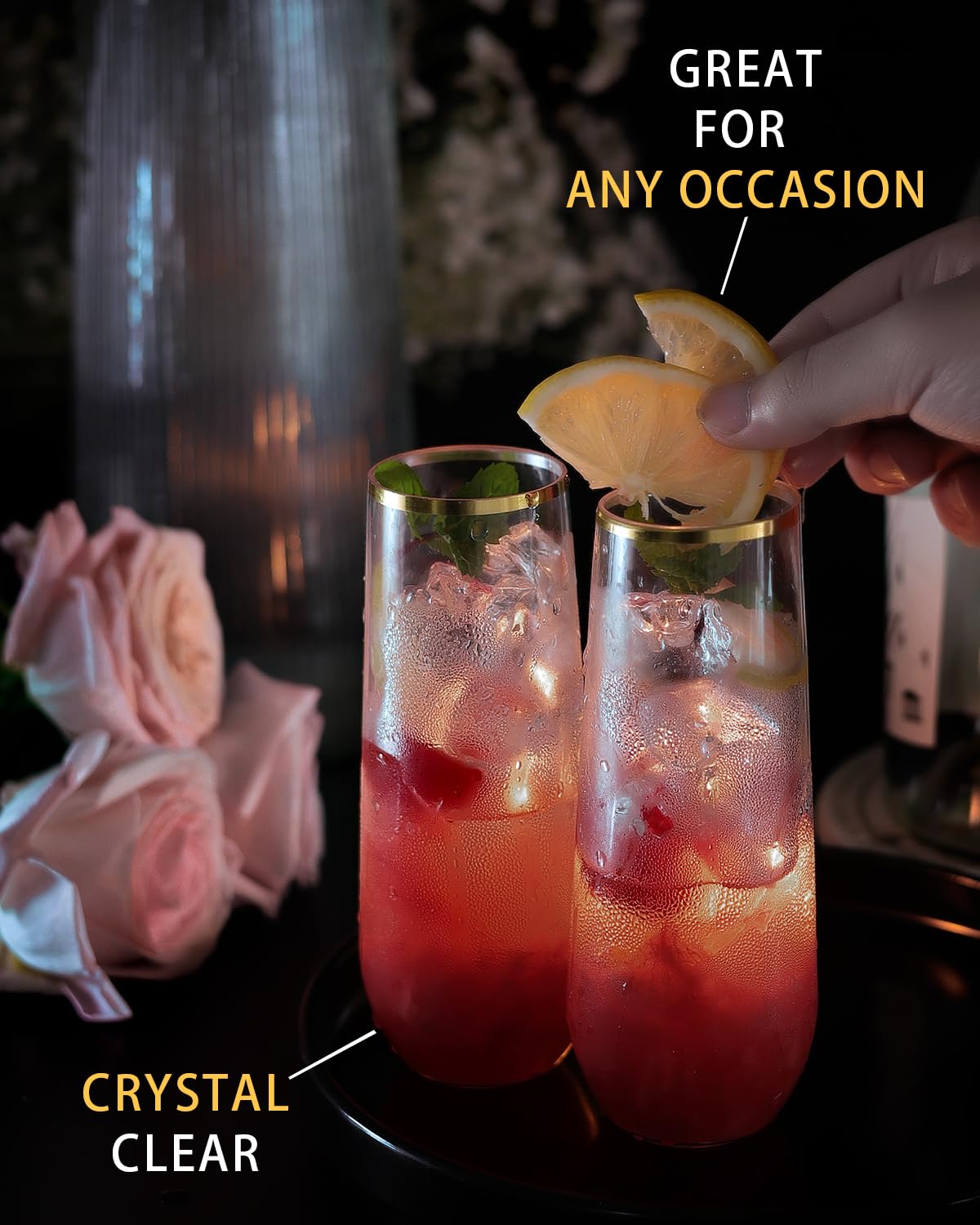 24 Pcak Champagne Flutes Plastic, 9 Oz Disposable Stemless Mimosa Gold Rim Toasting Glasses, Clear Crystal Plastic Cocktail Cups for Party Wedding Birthday