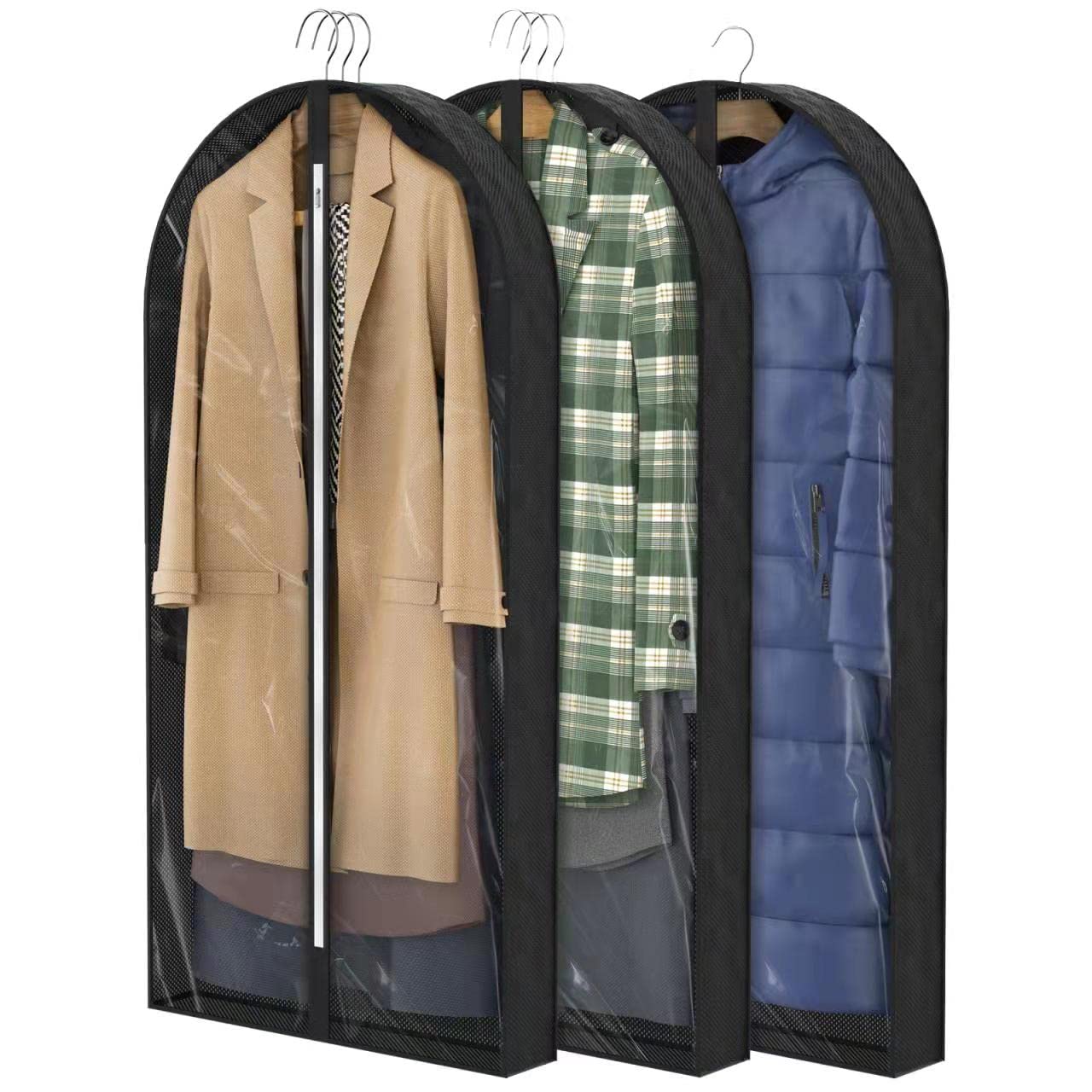 Sacs à vêtements transparents de 50 po pour suspendre des vêtements dans un placard avec soufflets de 4 po, sac de protection pour costumes pour robes, manteaux longs, vestes, pulls, chemises, 3 paquets, noir