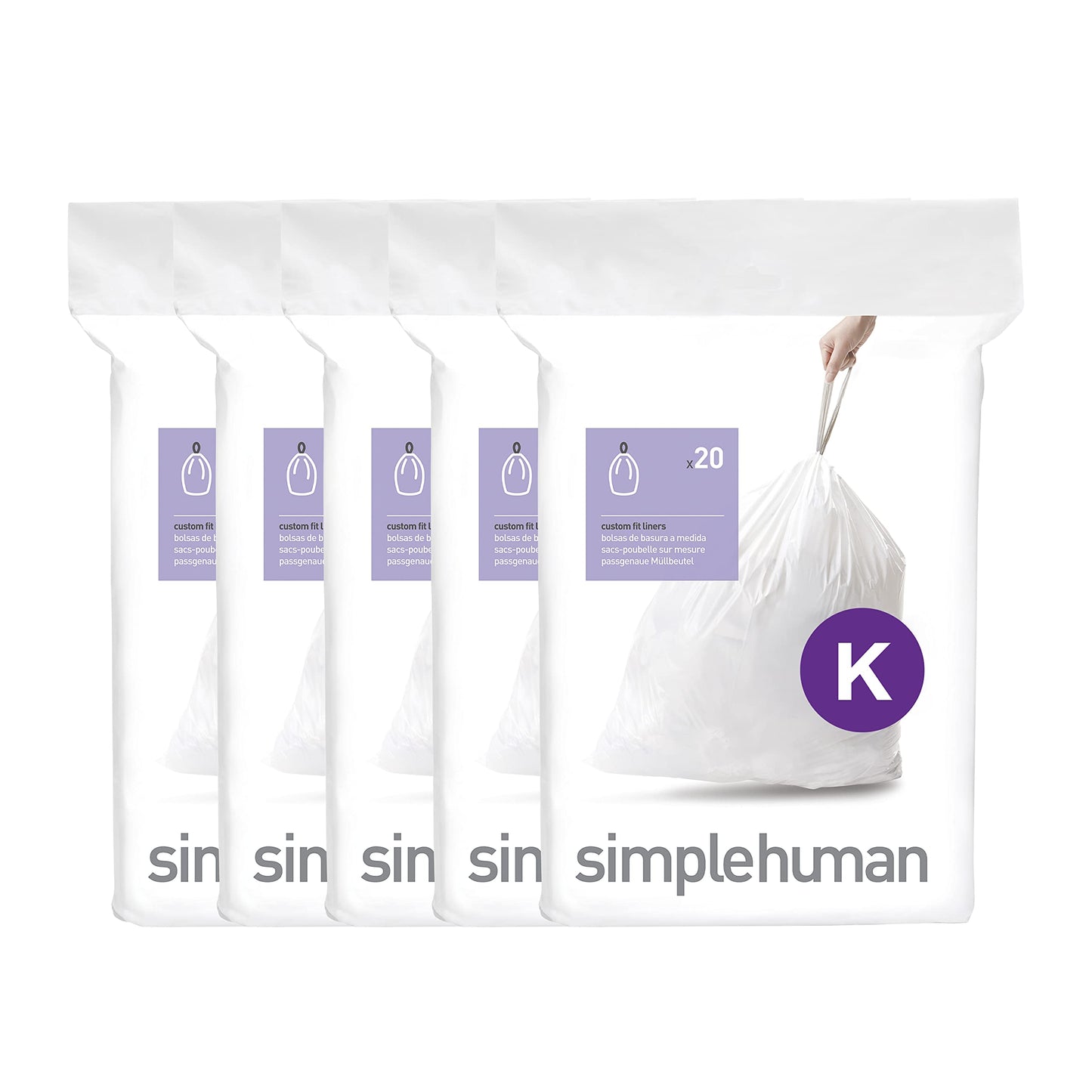 simplehuman Code H 60 Count, Genuine Custom Fit Liners, Drawstring Trash Bags in Dispenser Packs, 30-35 Liter / 8-9.2 Gallon, White