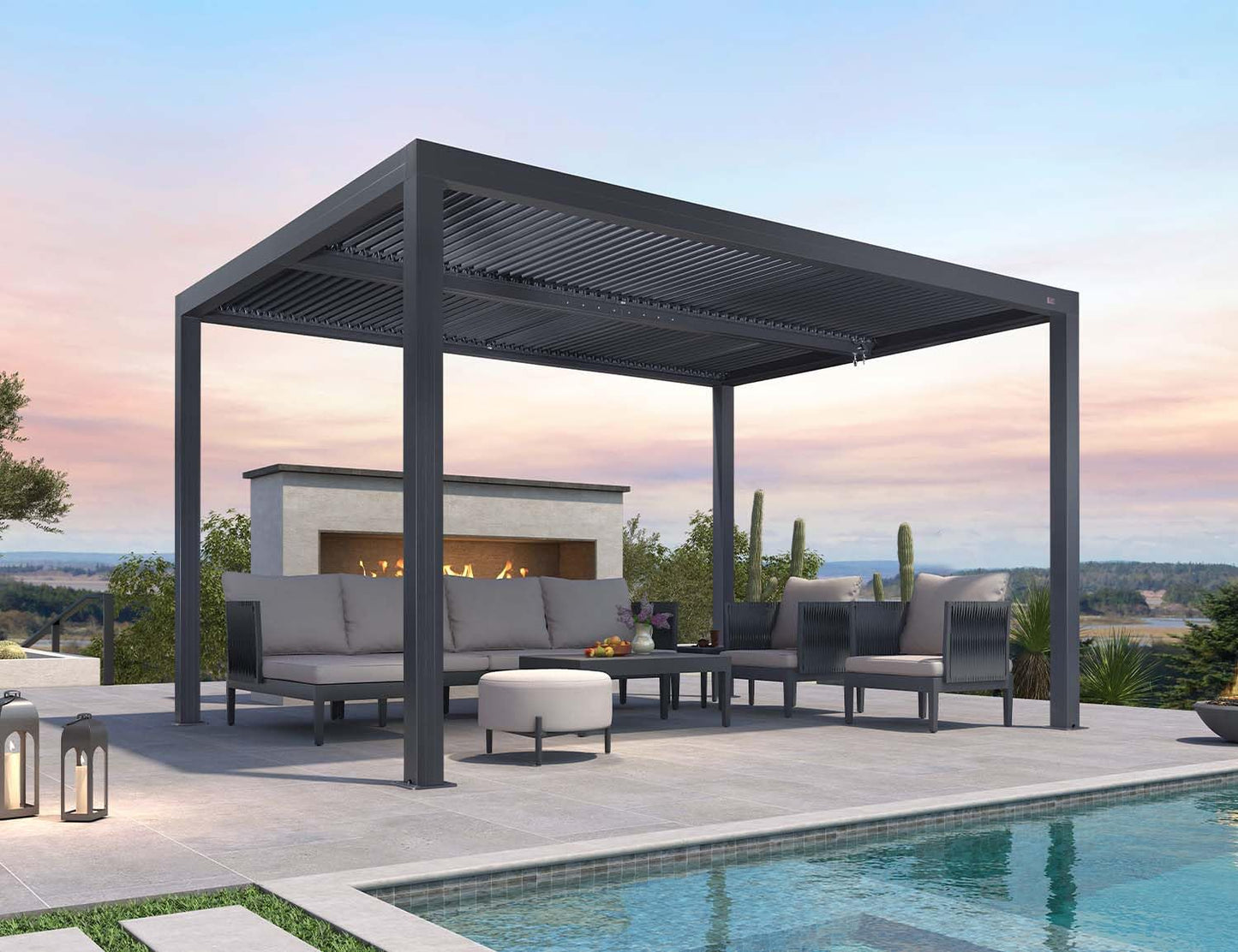 PURPLE LEAF Lamellenpergola 94AS, 3,3 x 4,3 m, Aluminium-Pergola für den Außenbereich mit Sonnenschutz, verstellbarem Dach für Terrasse, Hinterhof, grauer Pavillon mit festem Dach, 1 lange Seite und 2 kurze Seiten
