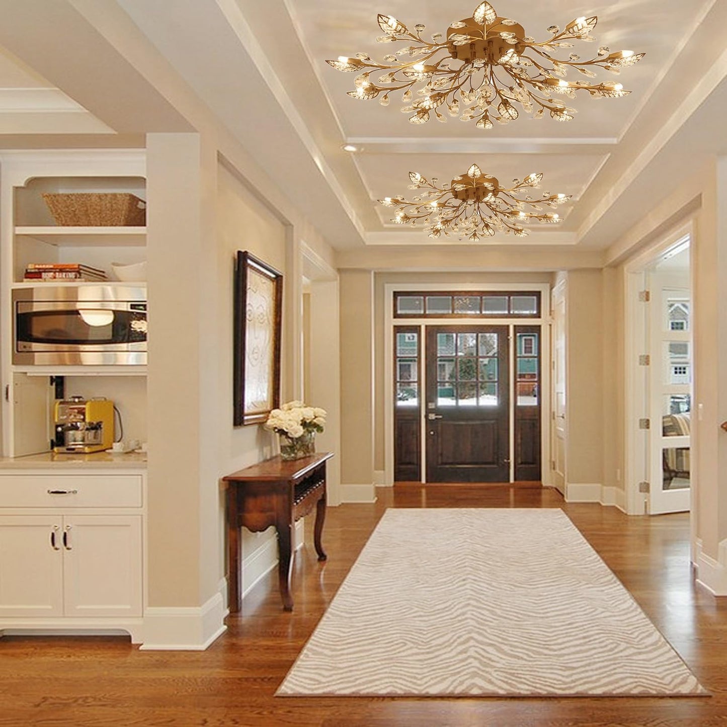Moderne Deckenleuchte aus Kristall, halbbündiger Kronleuchter, Deckenleuchte aus Kristallblättern, Kronleuchter für Esszimmer, Wohnzimmer, Schlafzimmer (Gold, 12 Lichter)
