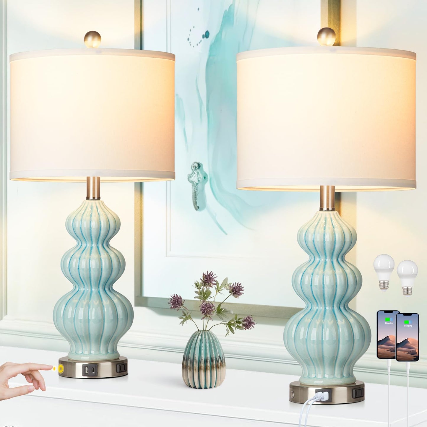 27-Zoll-Tischlampen aus Glas, 2er-Set mit Nachtlicht, moderne Nachttischlampen mit 3-Wege-Touch-Steuerung, USB-A+C-Anschlüssen und AC-Steckdose, gelbe Nachttischlampen im Boho-Stil für das Wohnzimmer im Schlafzimmer