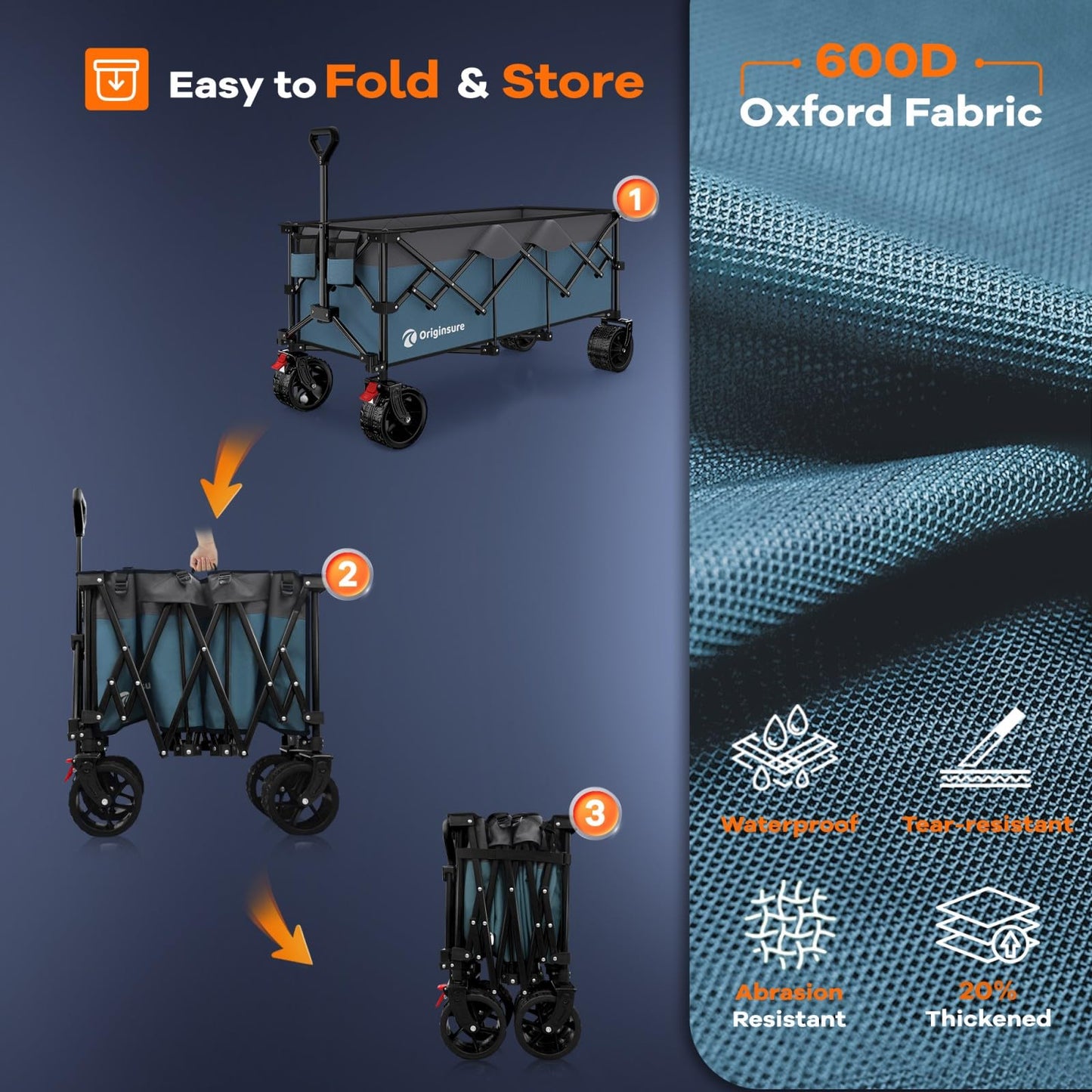 48" L Collapsible Wagon Cart Foldable, 560LB Weight Capacity 300L Heavy Duty Folding Beach Wagons with Big All-Terrain Wheels, Utility Carts for Groceries, Shopping, Camping, Sports - Black